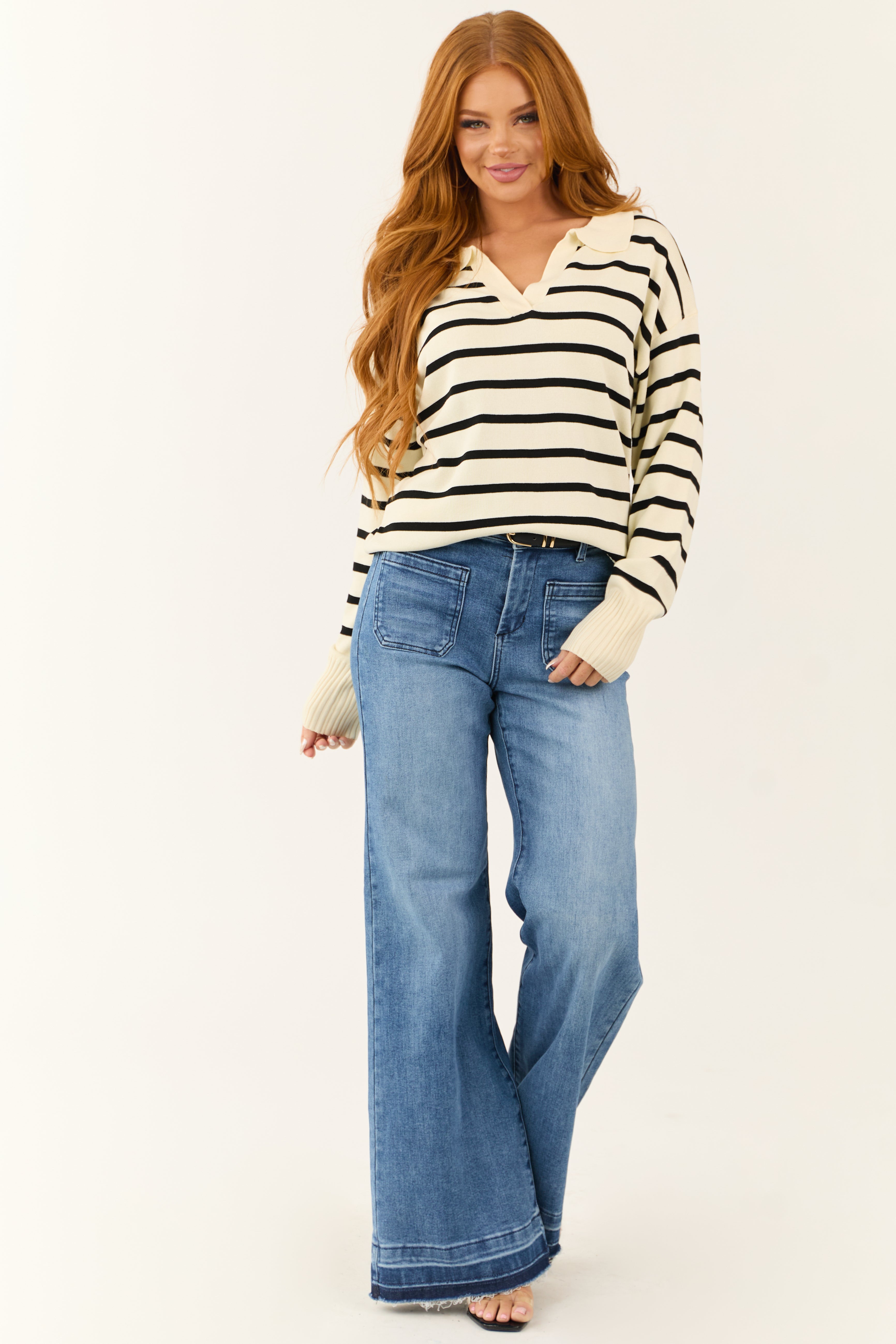 C.E CAVEMPT シーイー STRIPE COLLARED SWEAT L Cream and Black Striped Collared V Neck Sweater | Lime Lush Boutique