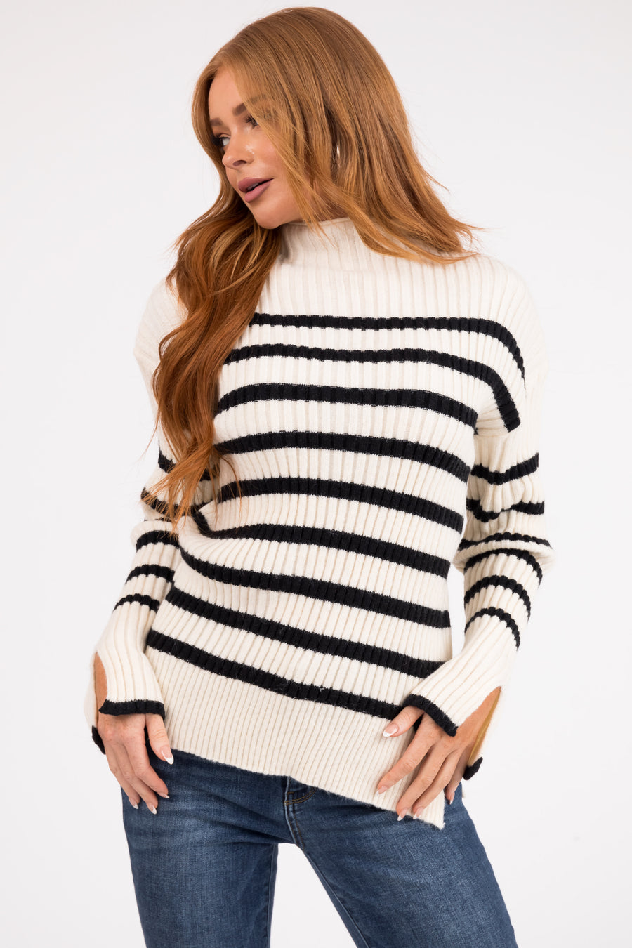 Cream and Black Striped Mock Neck Ribbed Sweater
