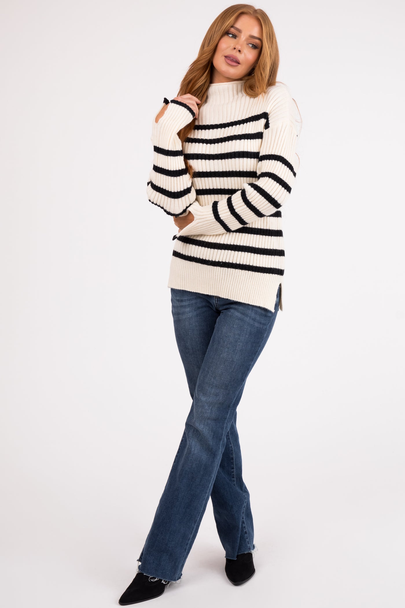 Cream and Black Striped Mock Neck Ribbed Sweater