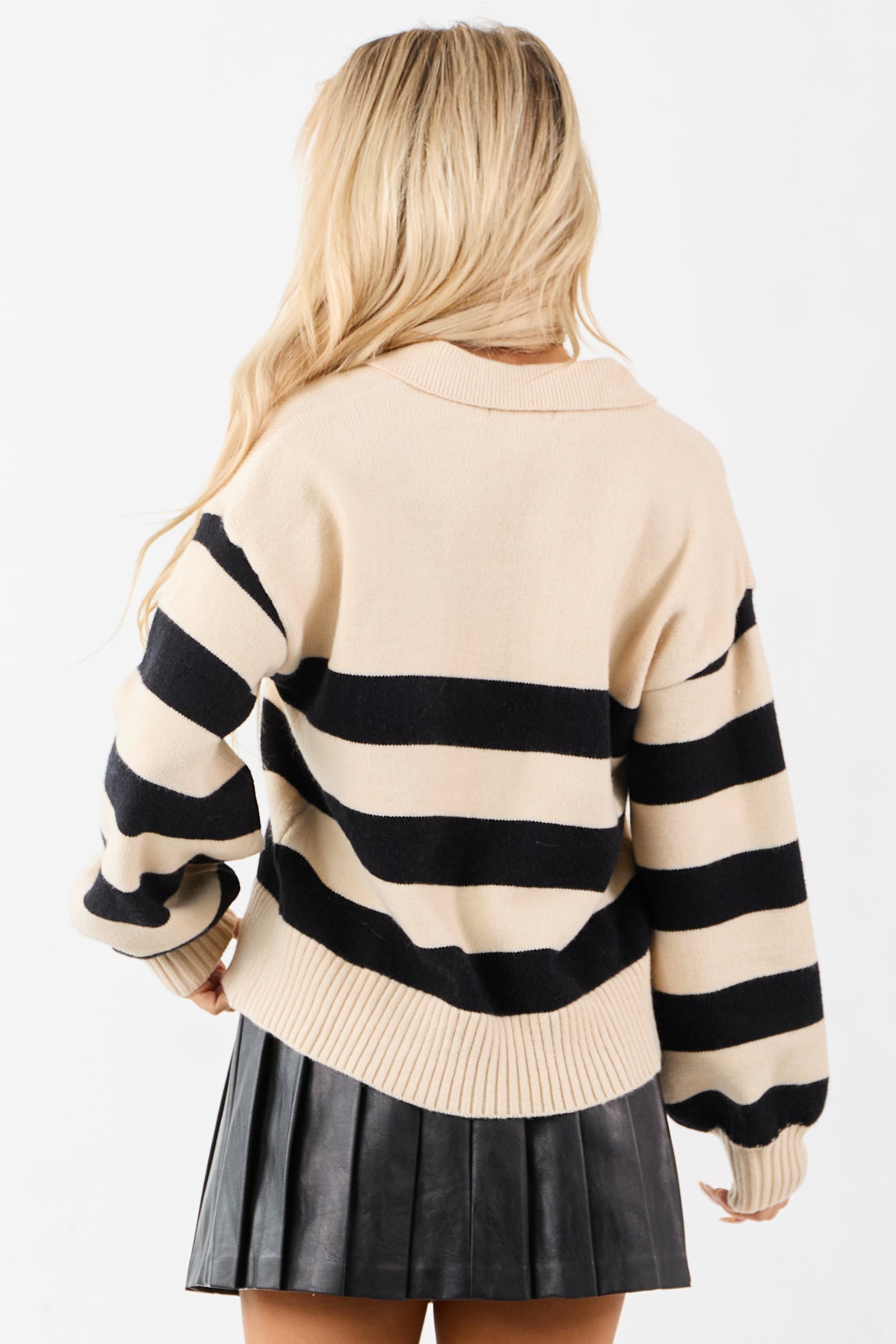 Cream and Black Striped Polo Style Sweater