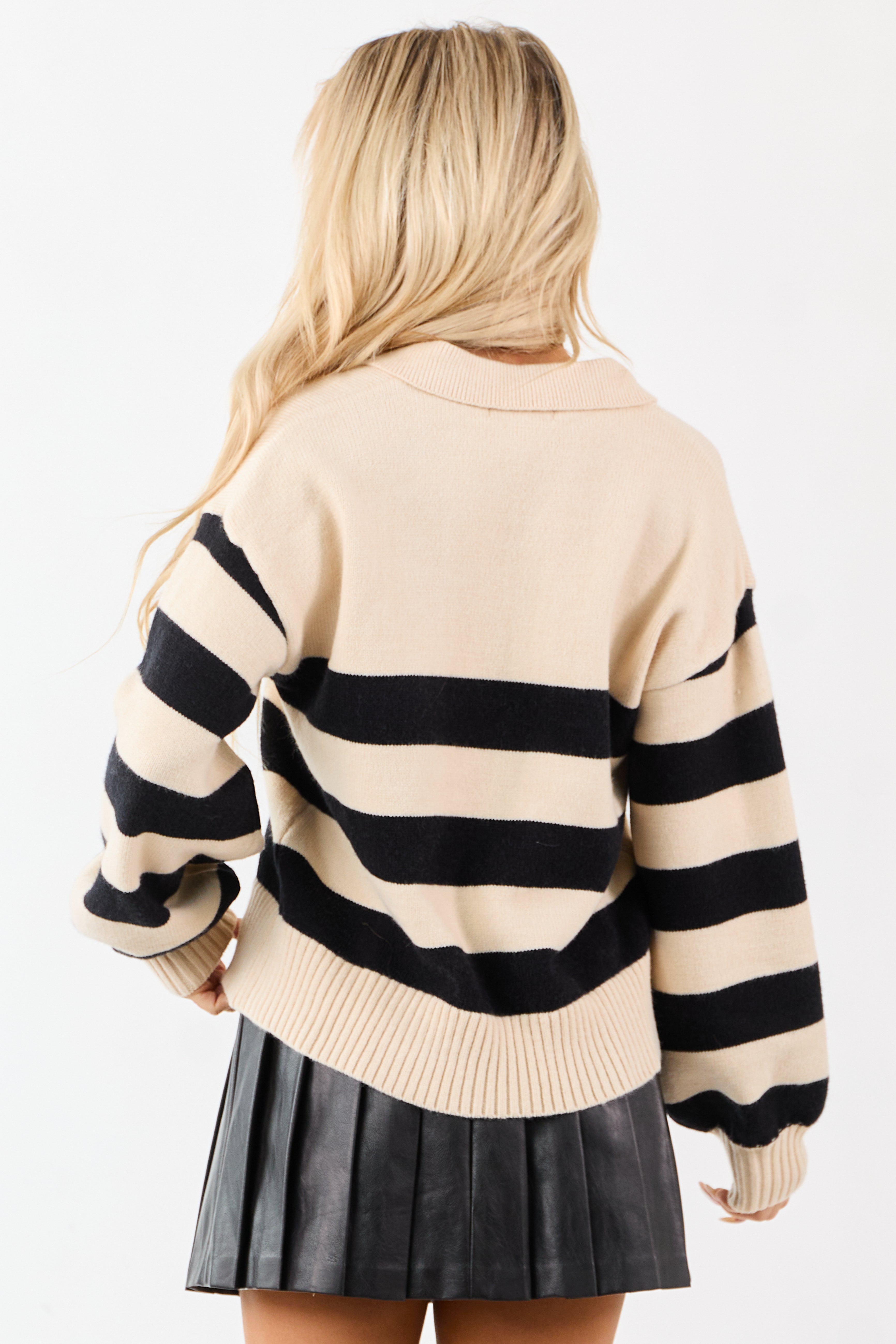 Cream and Black Striped Polo Style Sweater