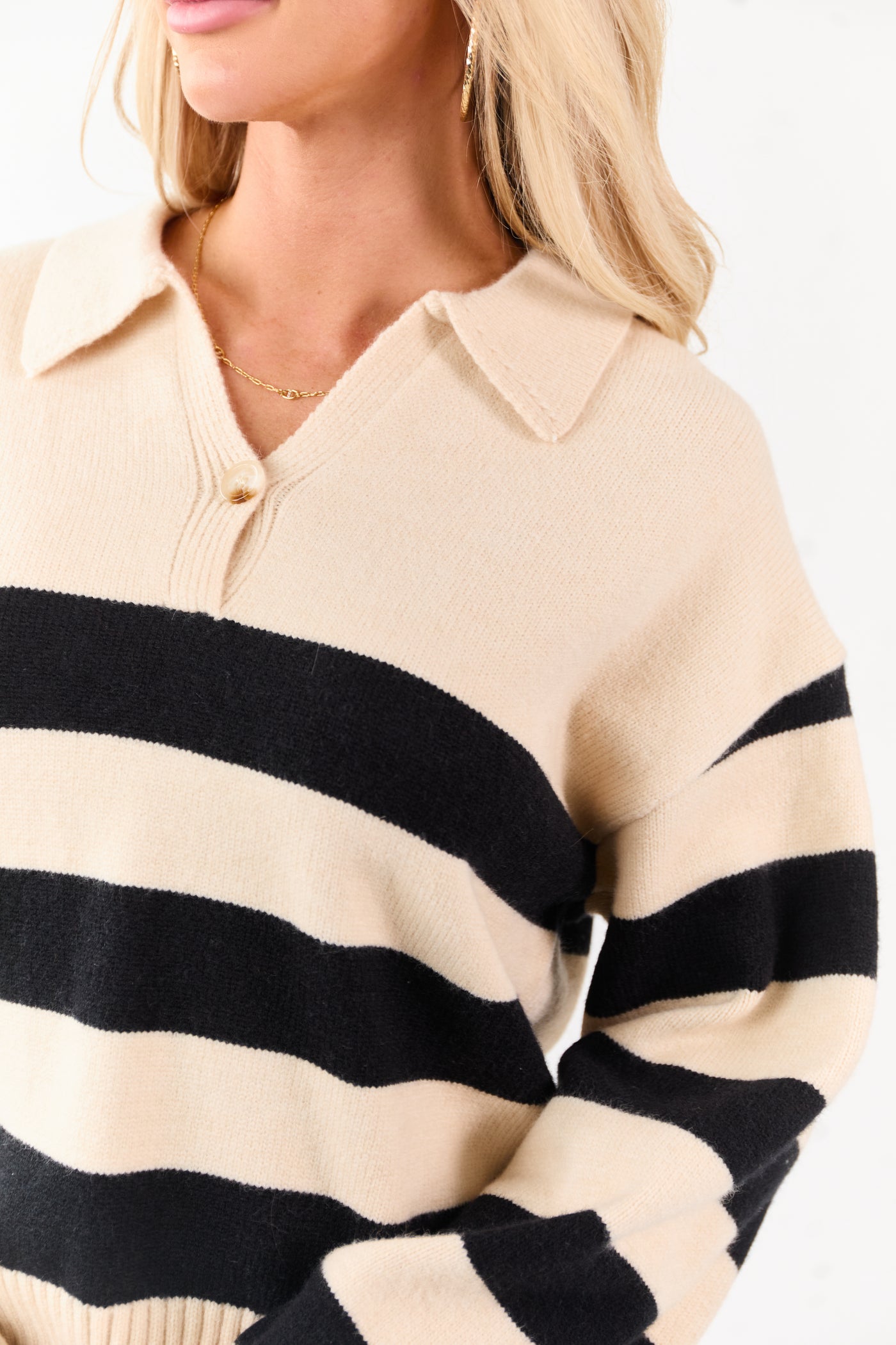 Cream and Black Striped Polo Style Sweater