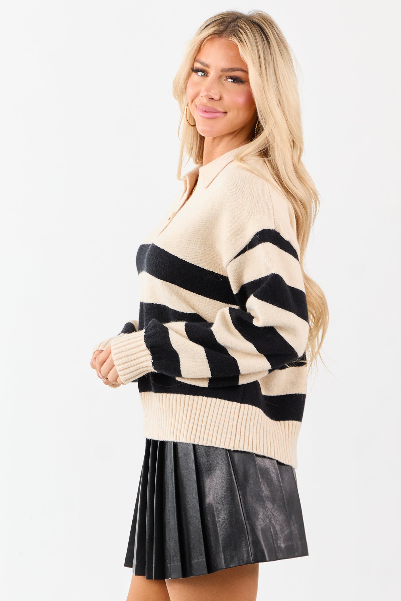 Cream and Black Striped Polo Style Sweater