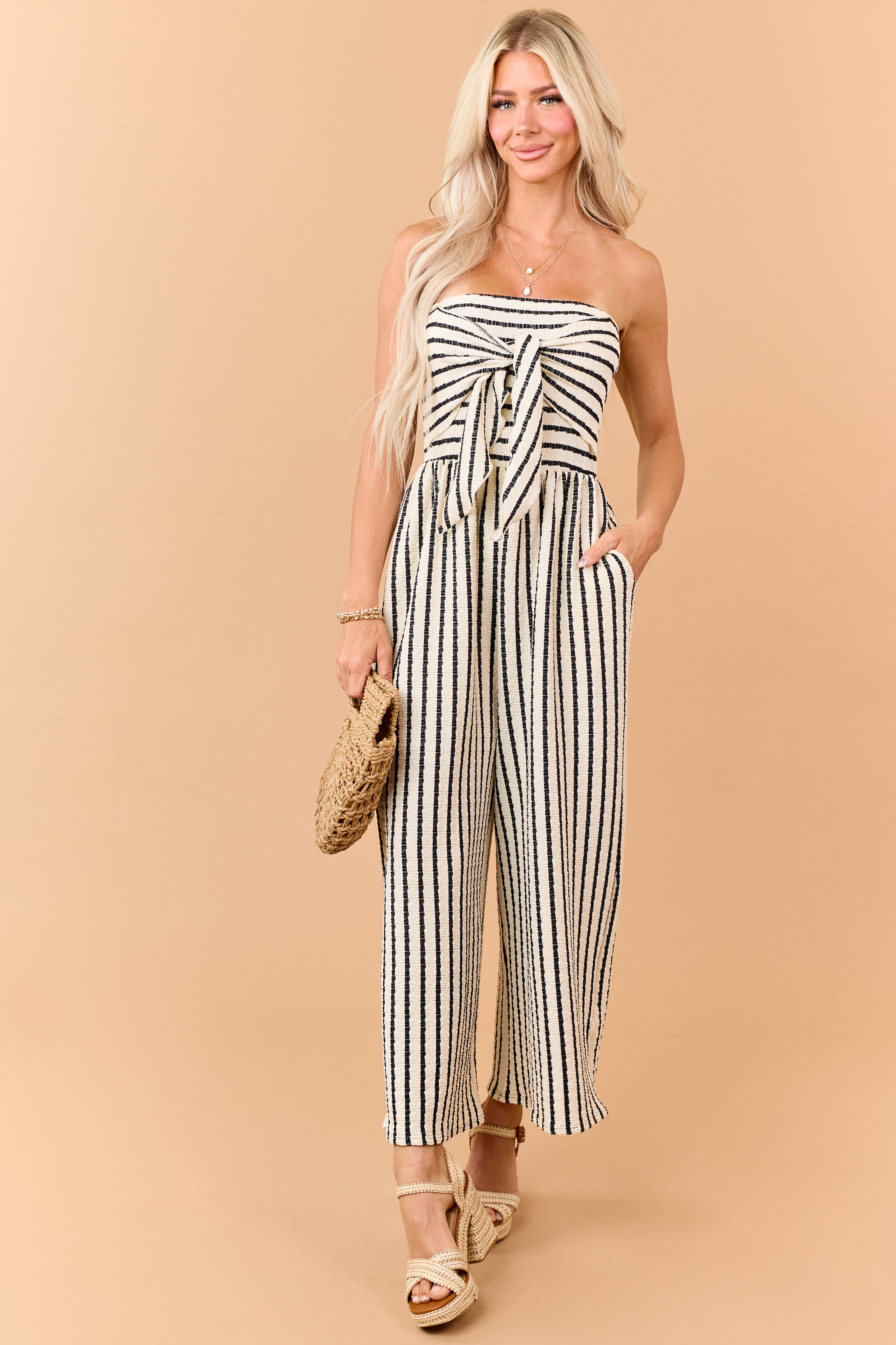 Cream and Black Striped Strapless Jumpsuit | Lime Lush Boutique