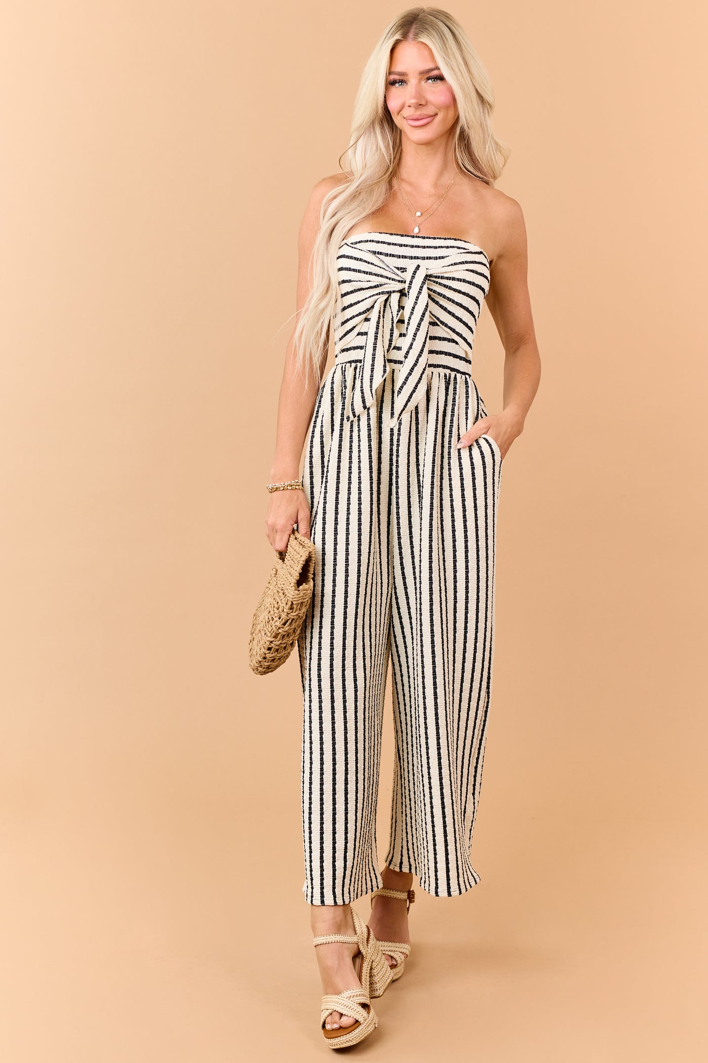 Cream and Black Striped Strapless Jumpsuit