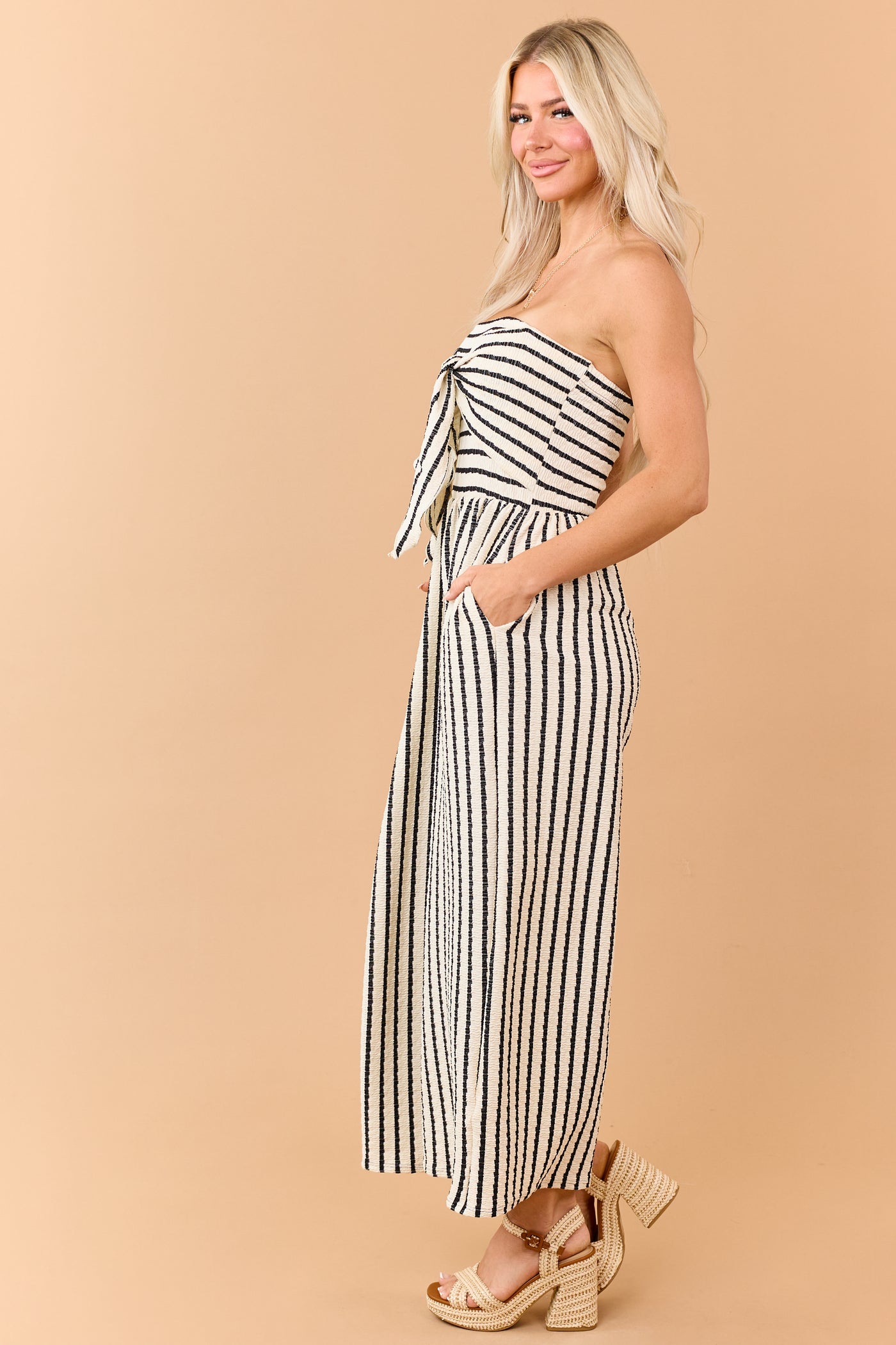 Cream and Black Striped Strapless Jumpsuit