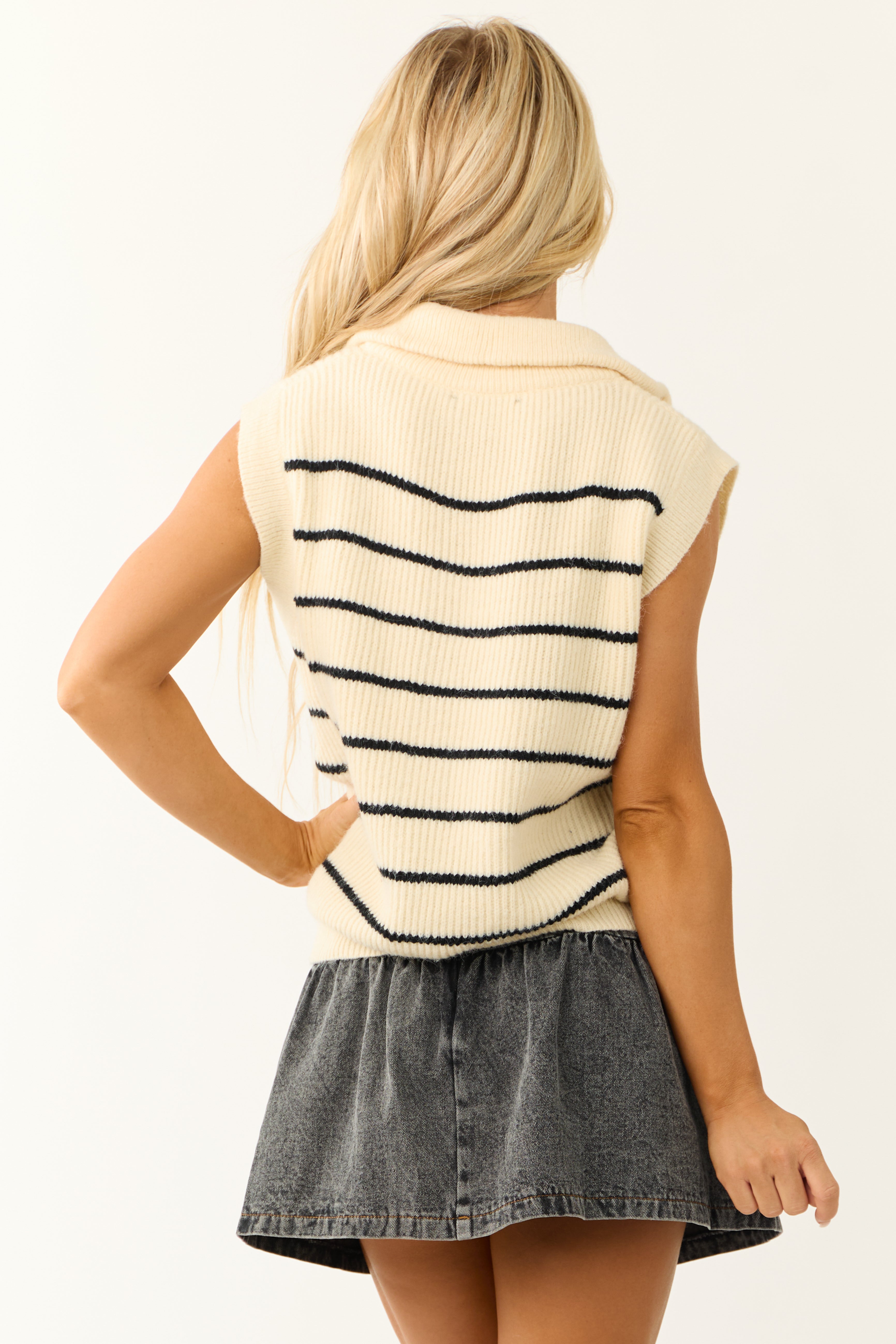 Cream and Black Striped Zip Up Sweater Vest | Lime Lush Boutique