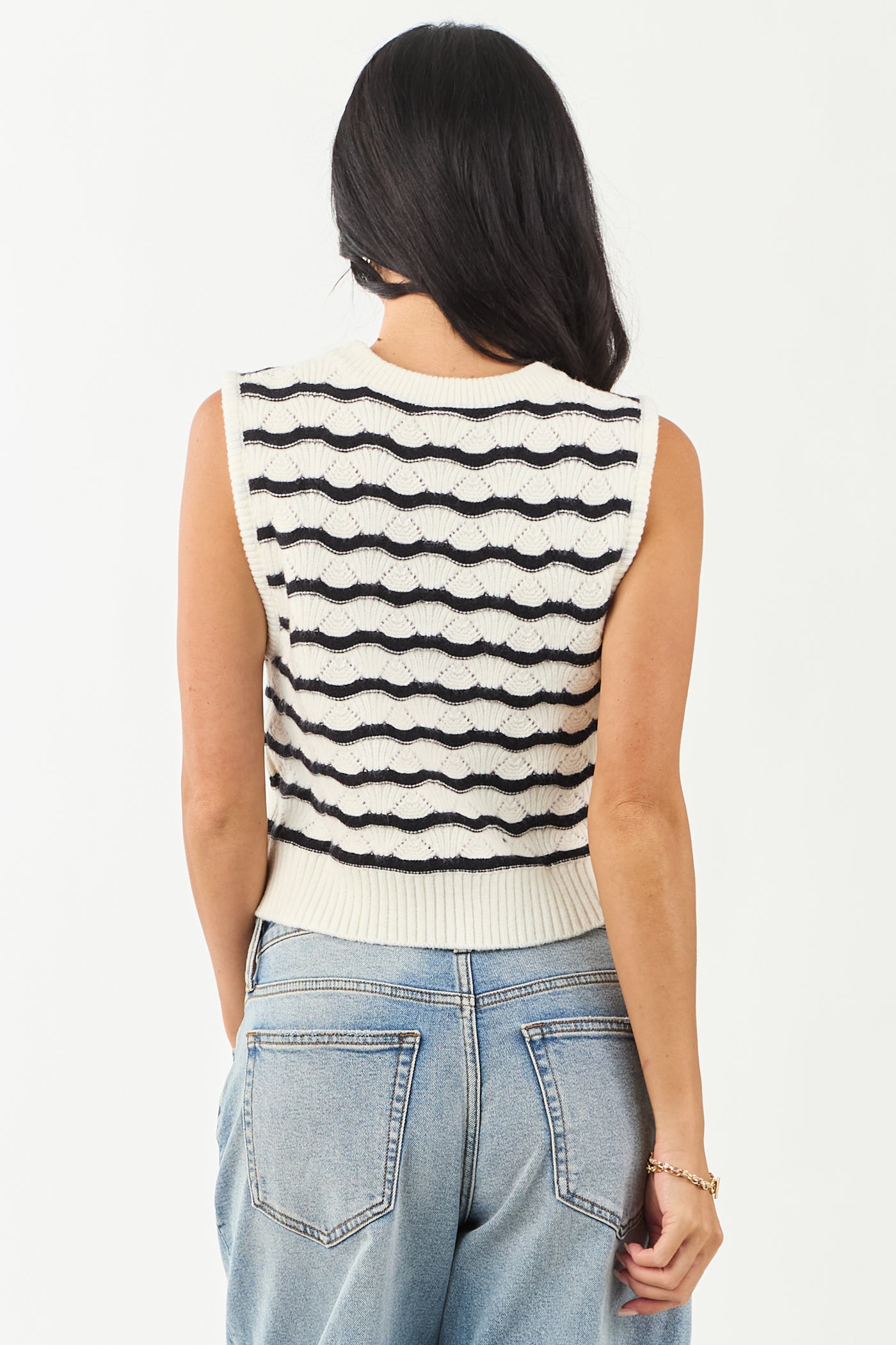 Cream and Black Wavy Striped Sweater Tank Top