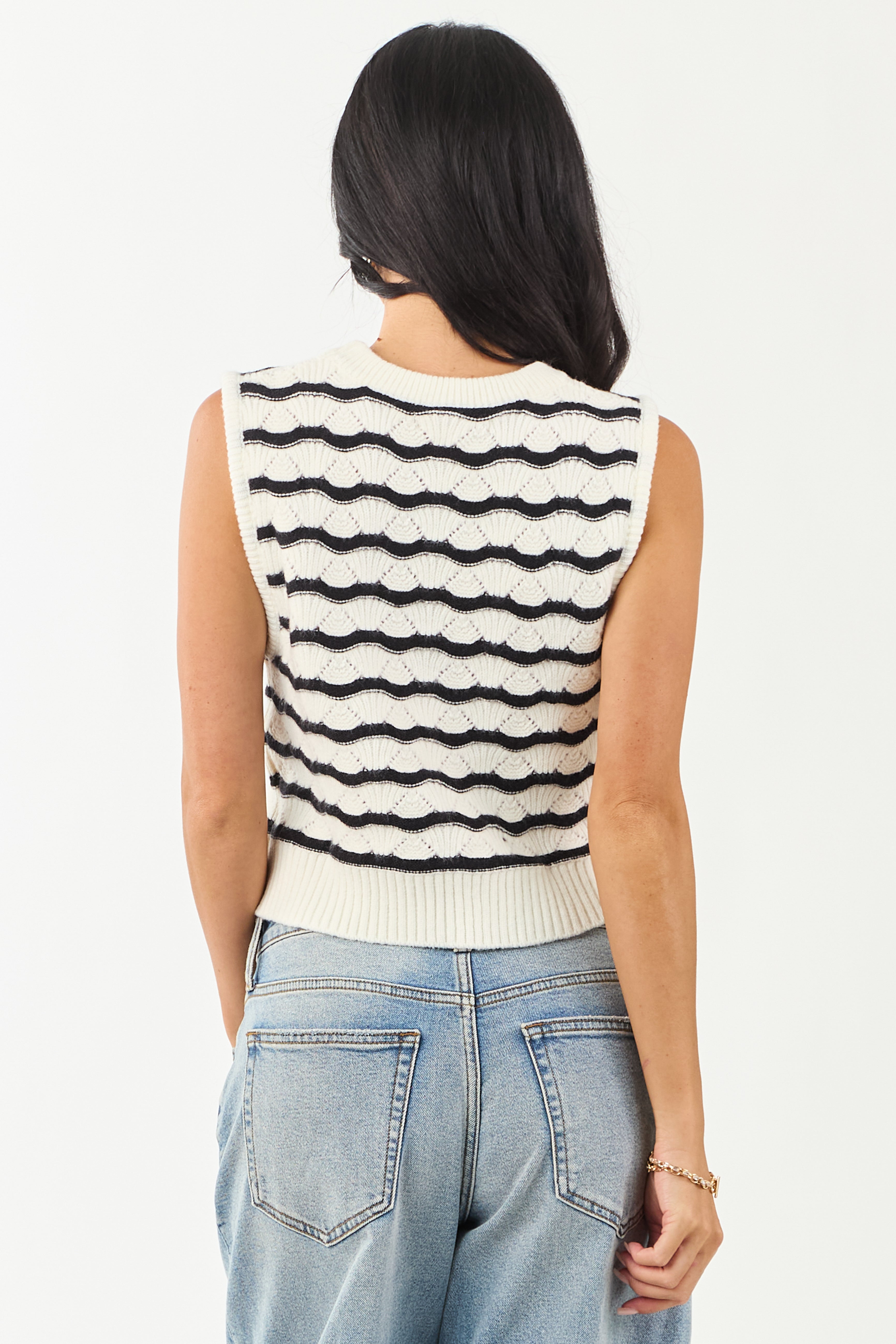 Cream and Black Wavy Striped Sweater Tank Top