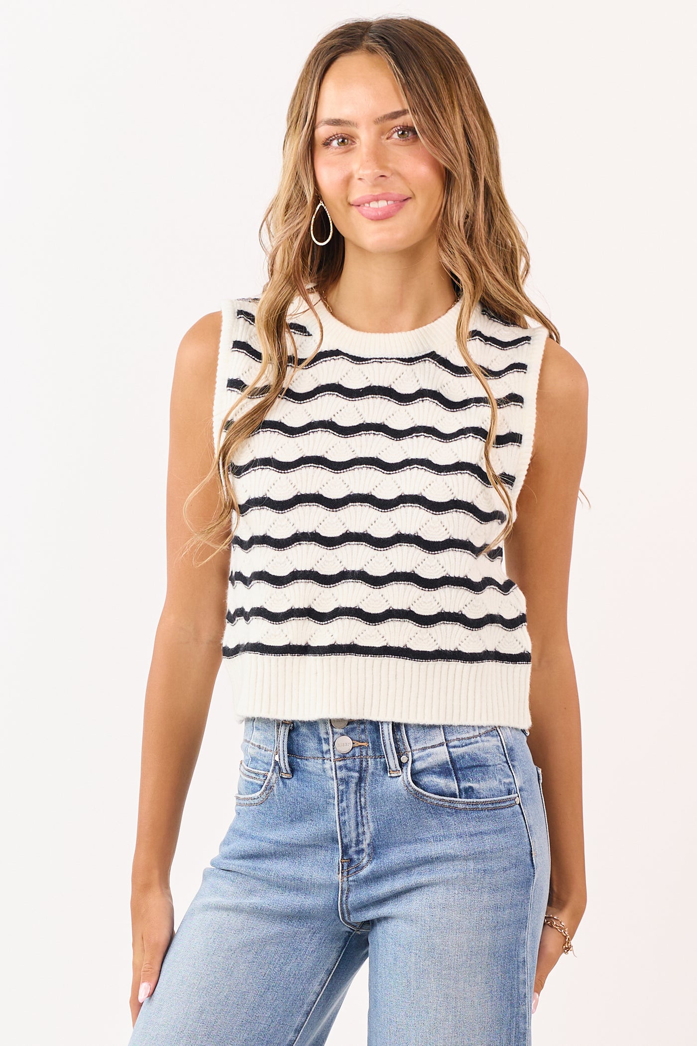 Cream and Black Wavy Striped Sweater Tank Top