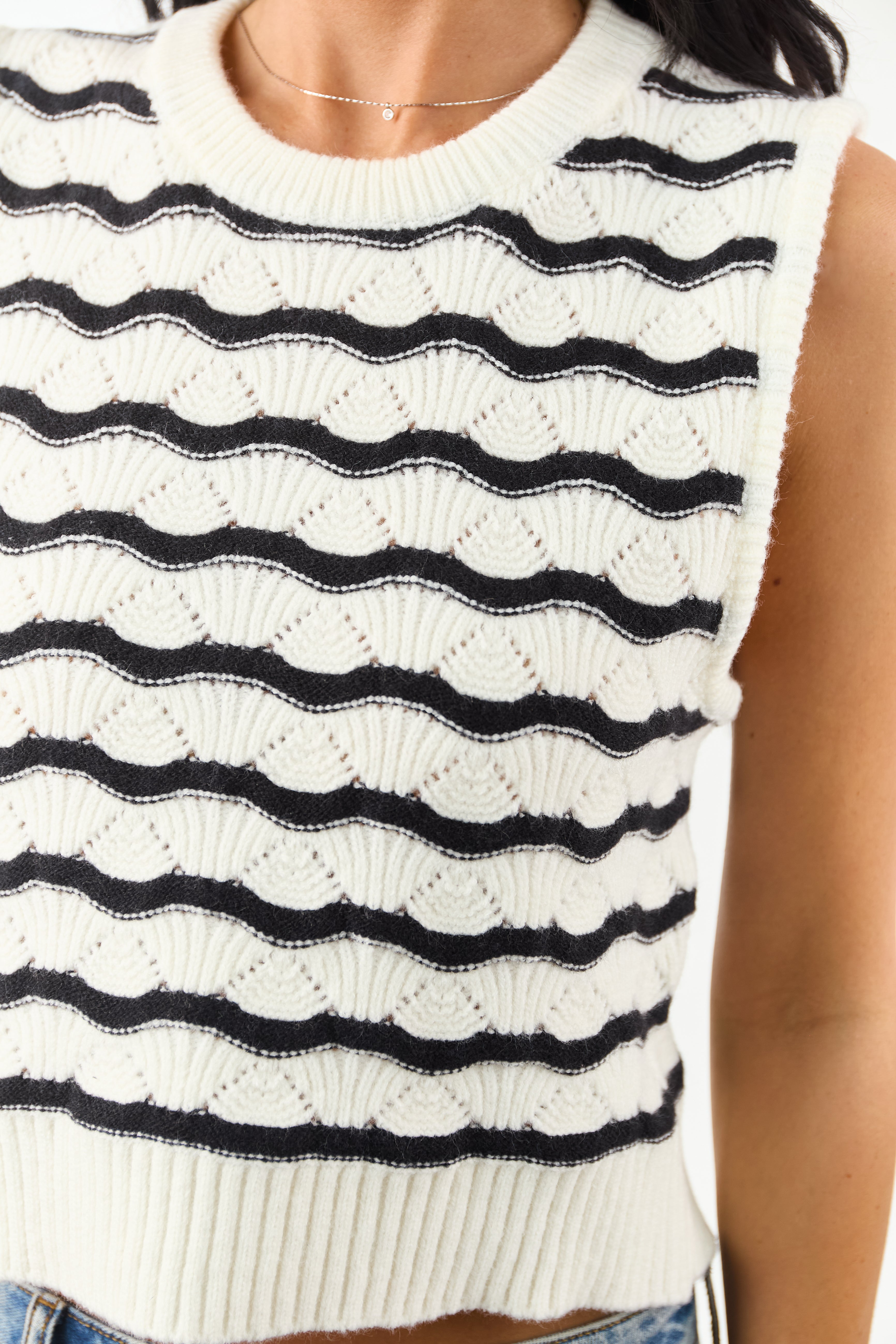 Cream and Black Wavy Striped Sweater Tank Top