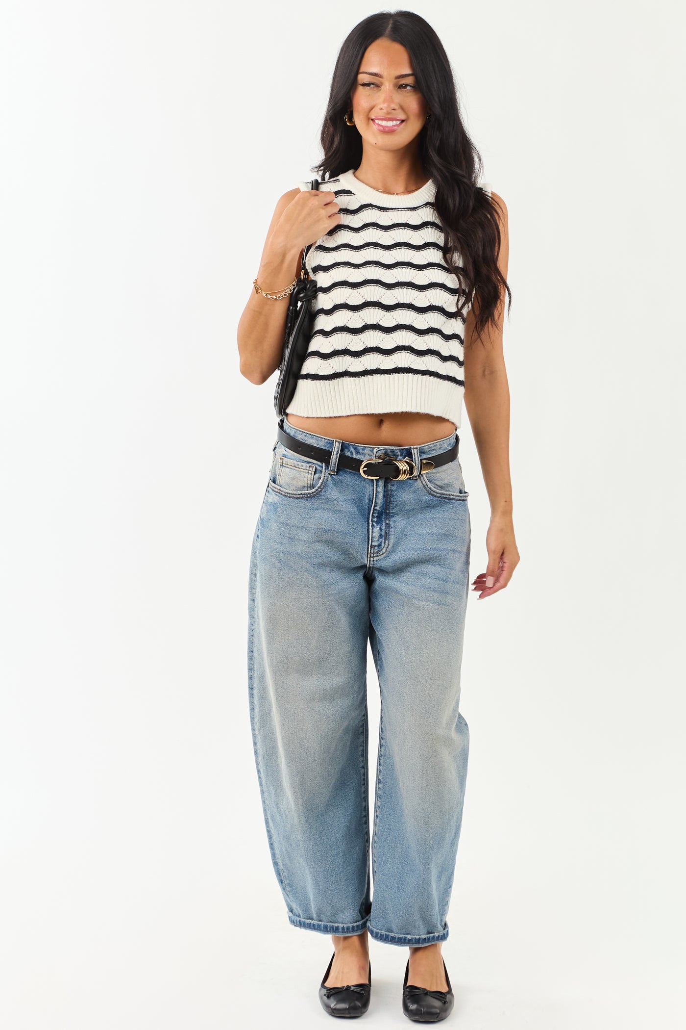 Cream and Black Wavy Striped Sweater Tank Top