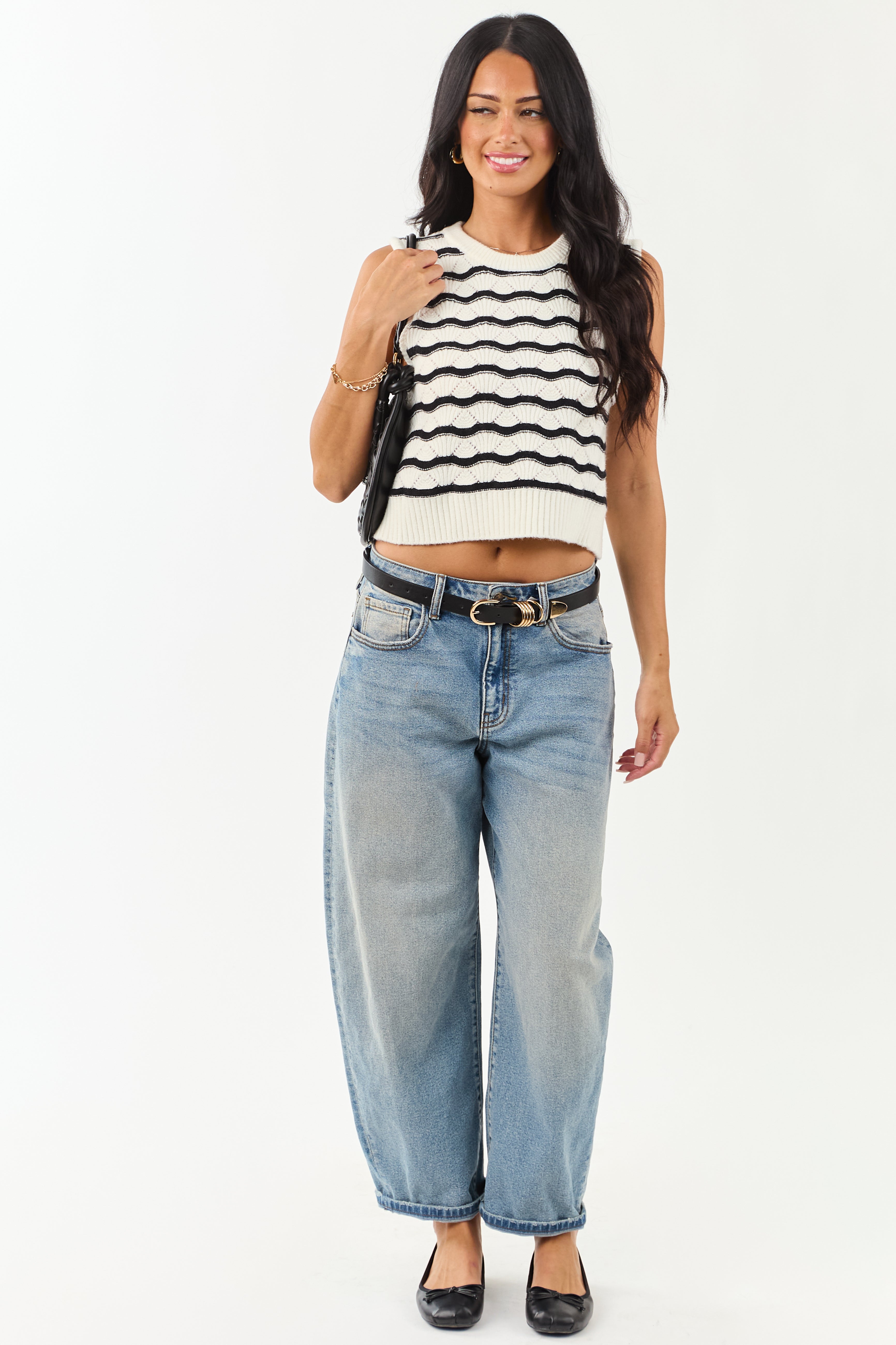 Cream and Black Wavy Striped Sweater Tank Top