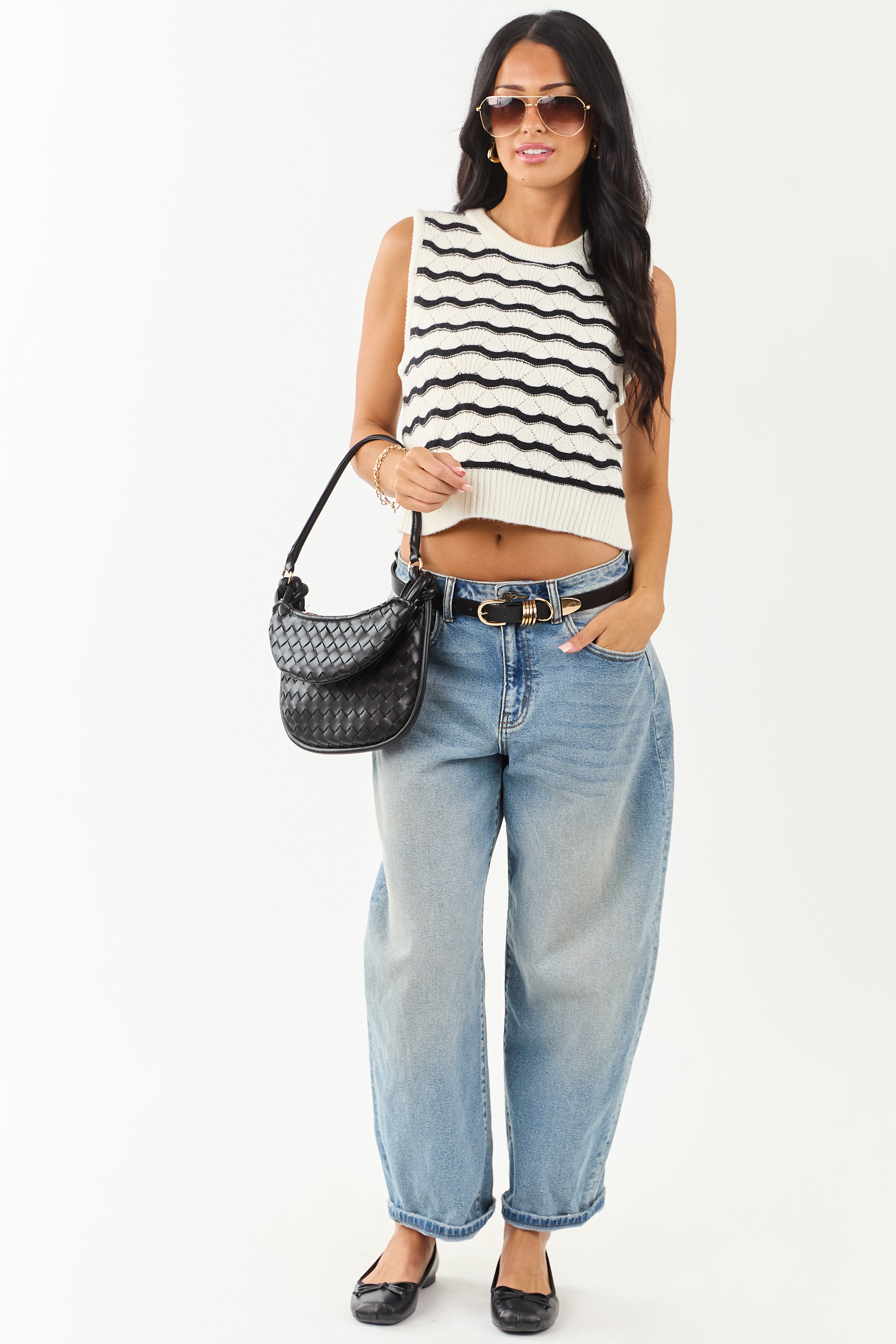 Cream and Black Wavy Striped Sweater Tank Top