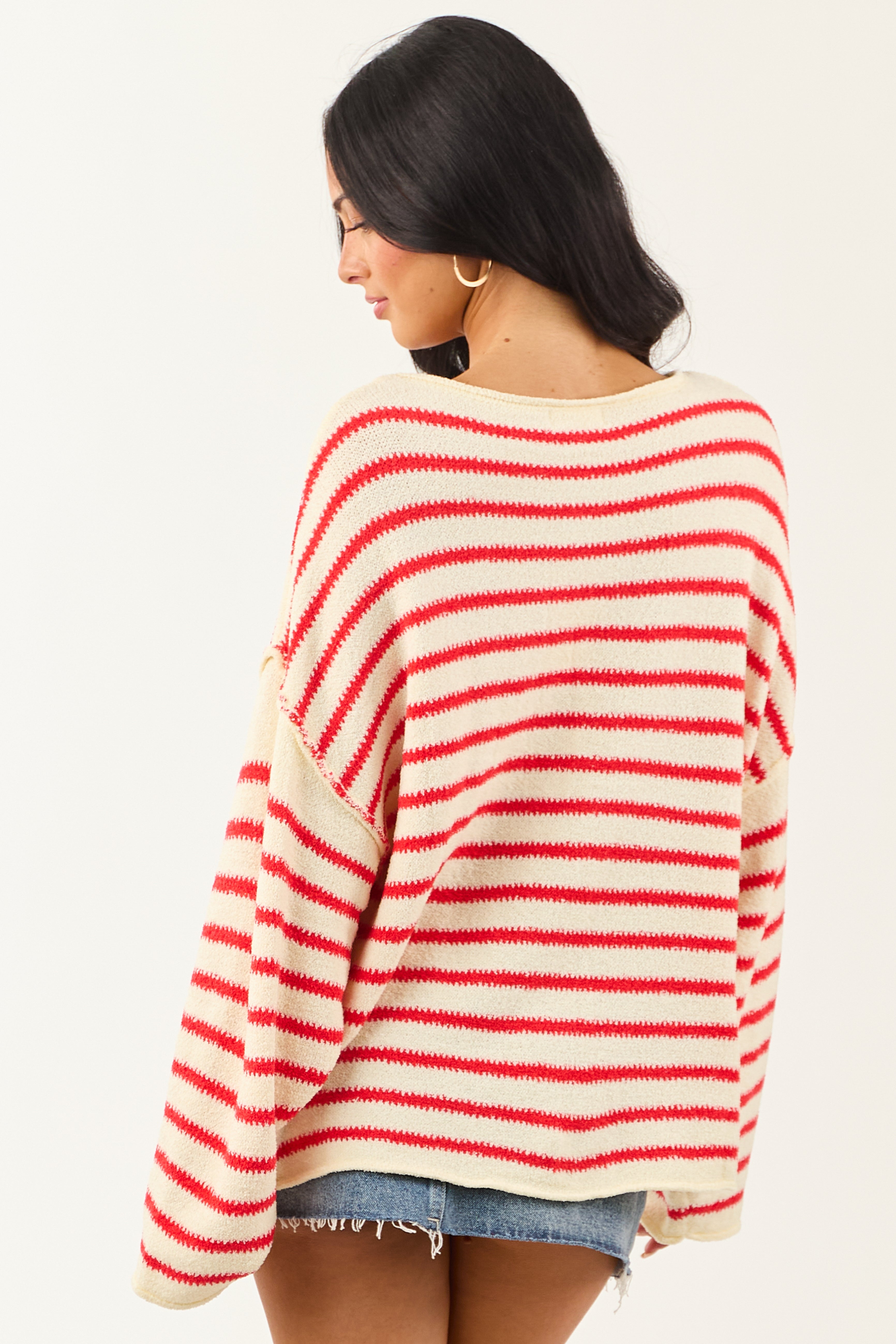 Cream and Brick Striped Relaxed Sweater