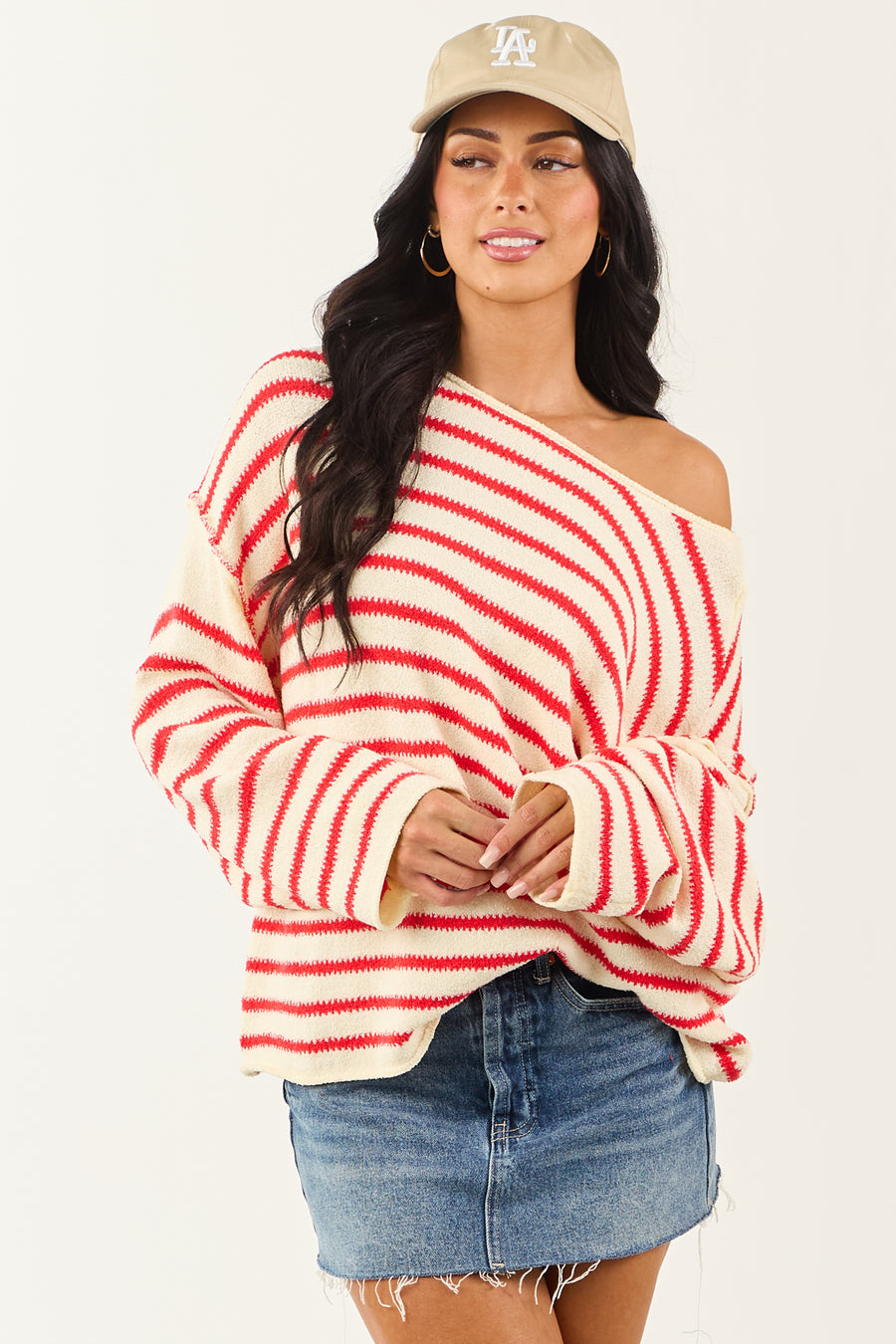 Cream and Brick Striped Relaxed Sweater