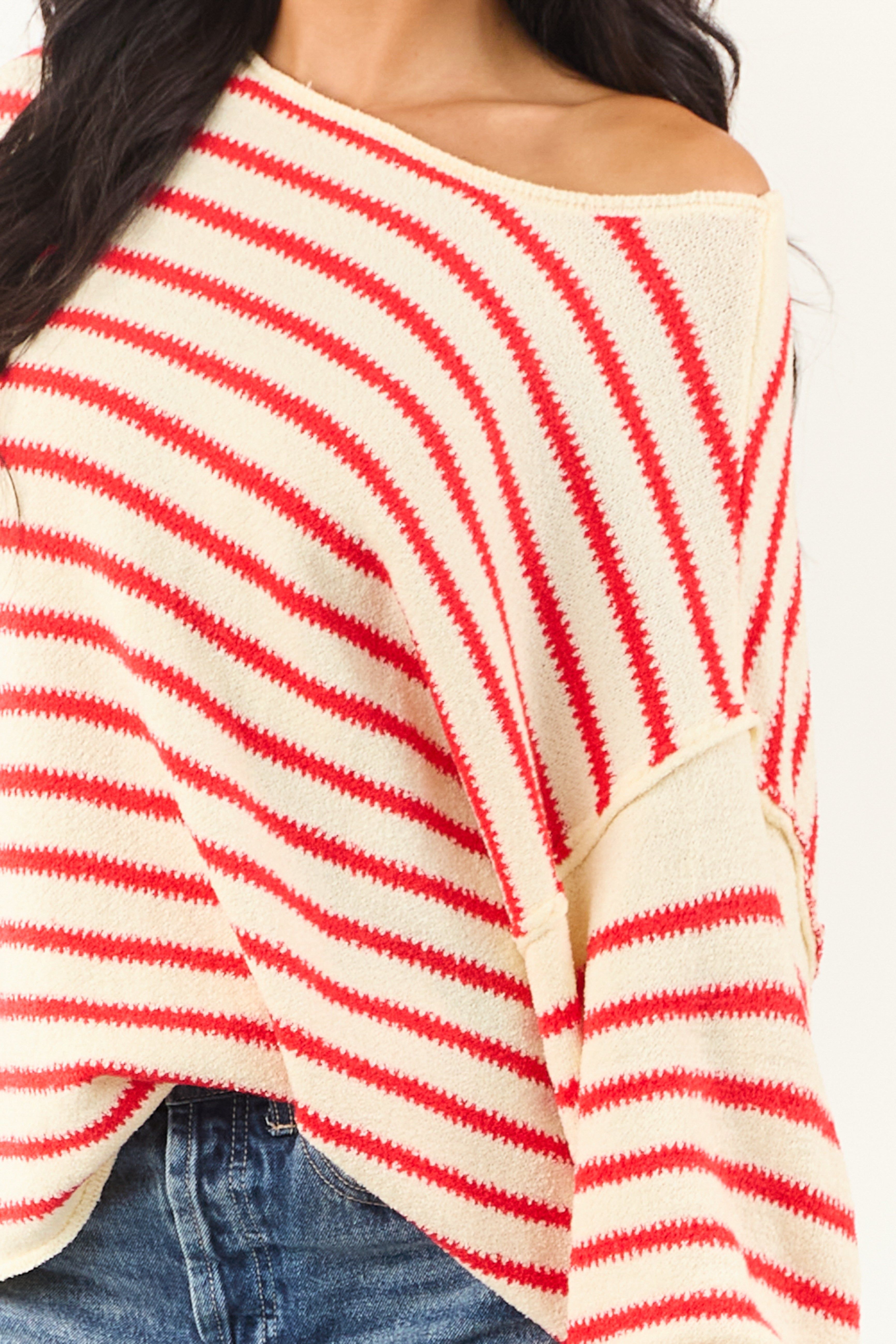 Cream and Brick Striped Relaxed Sweater