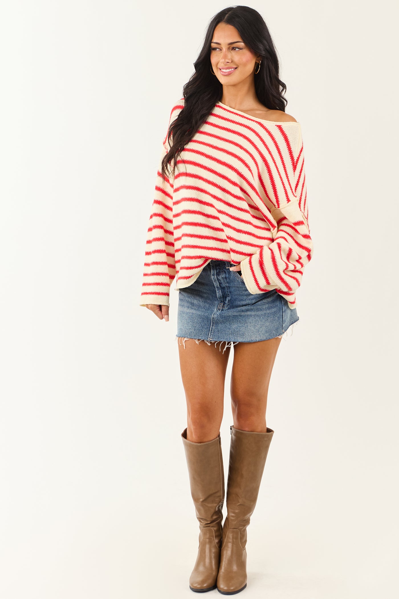 Cream and Brick Striped Relaxed Sweater