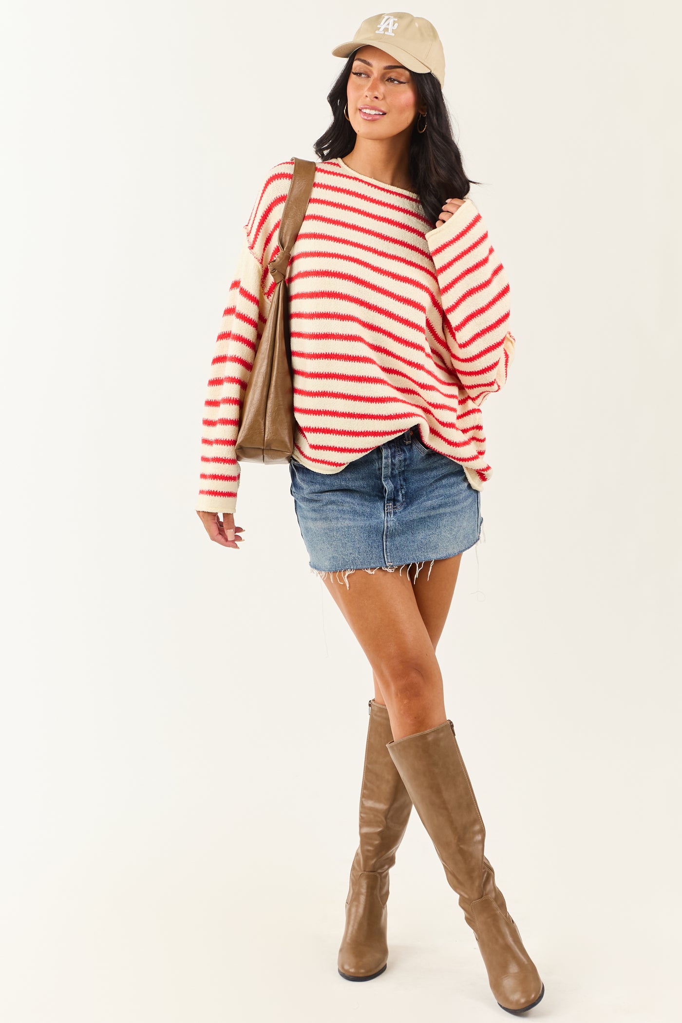 Cream and Brick Striped Relaxed Sweater