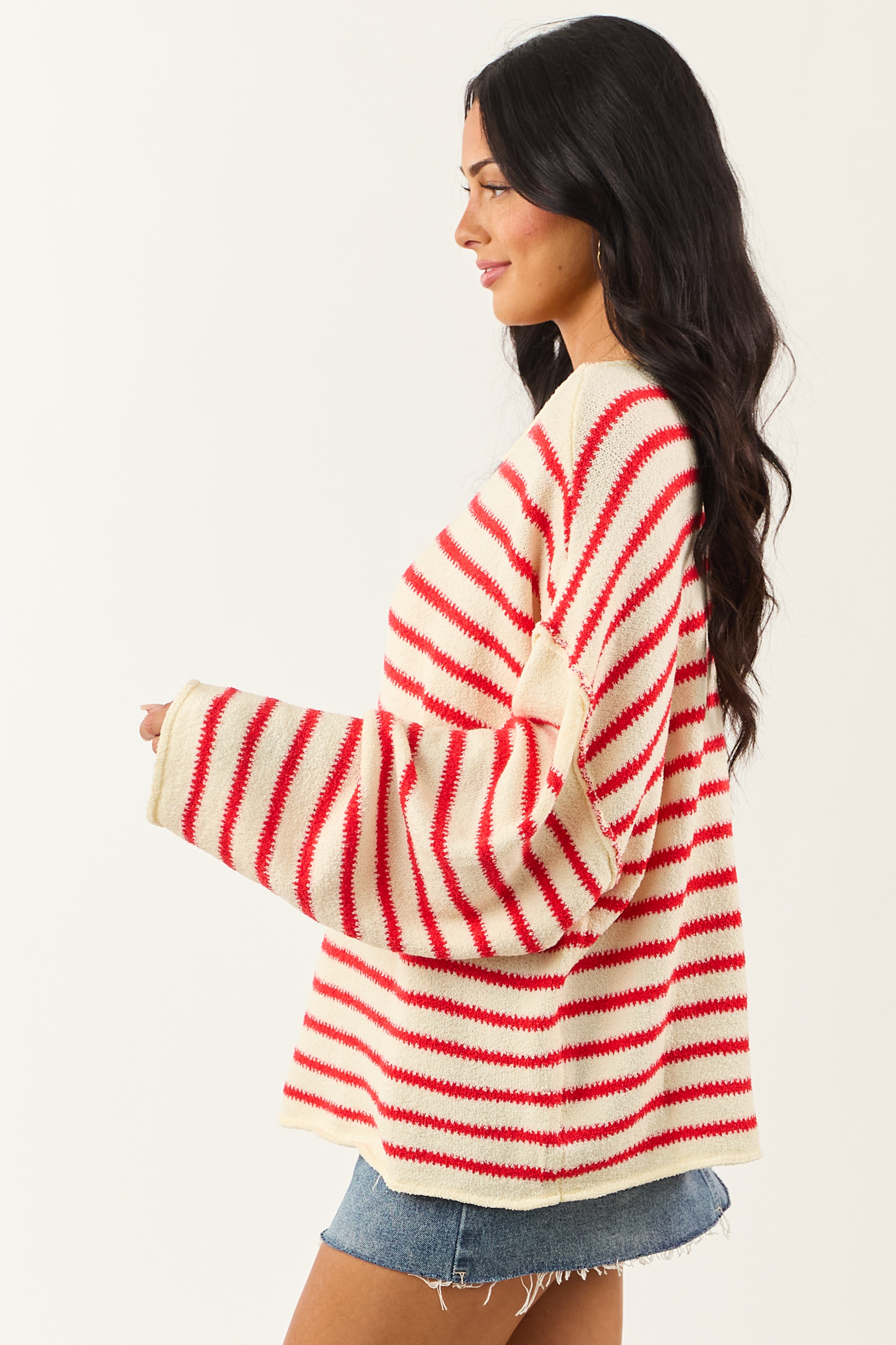Cream and Brick Striped Relaxed Sweater