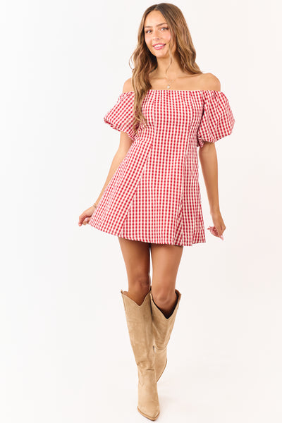 Cream and Burgundy Gingham Off Shoulder Mini Dress