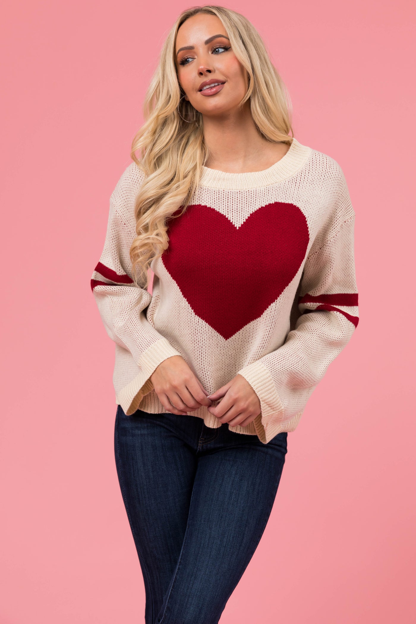 Cream and Cherry Heart Sweater with Stripe Sleeves