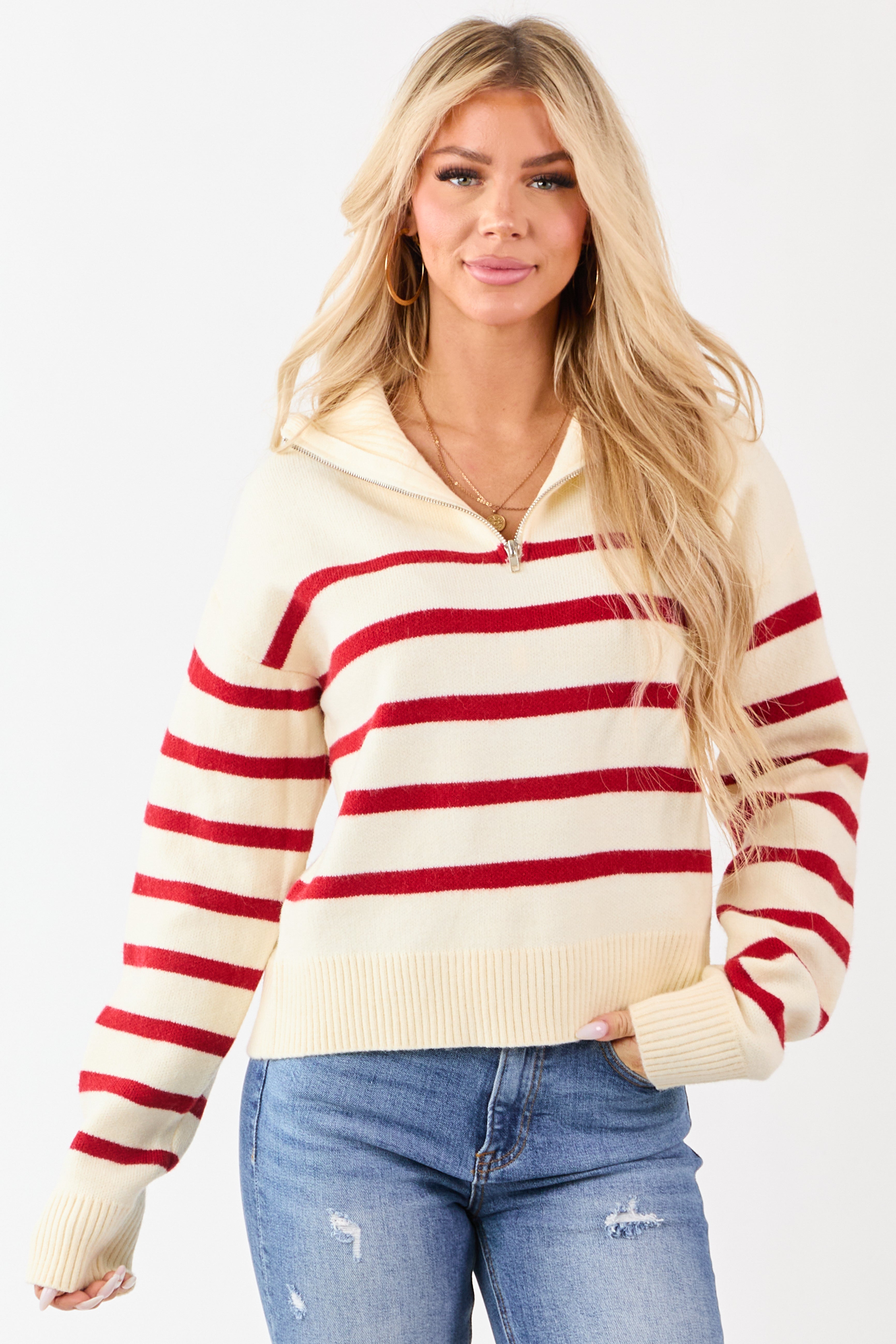 Cream and Cherry Striped Half Zip Up Knit Sweater