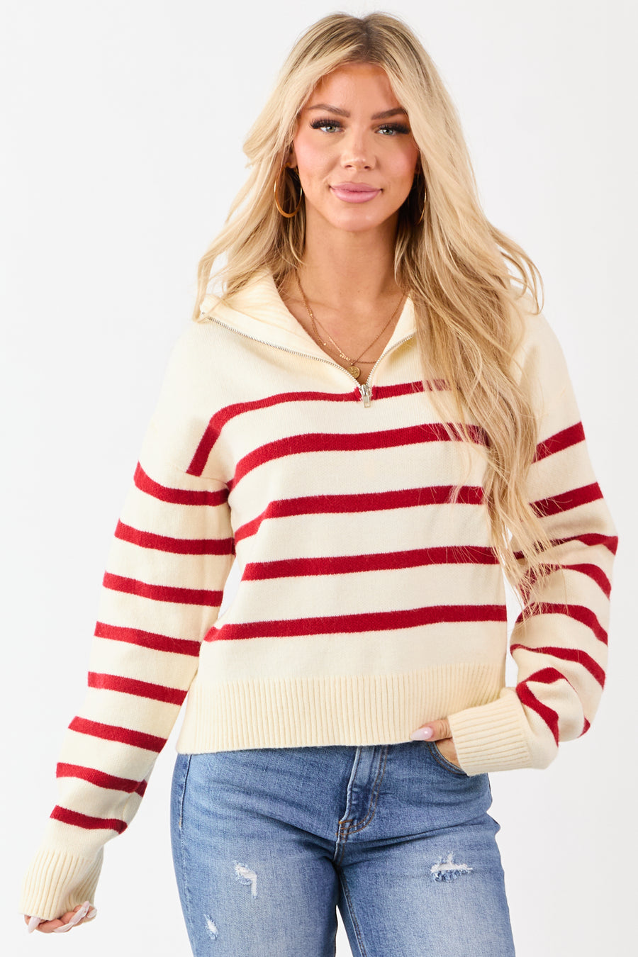 Cream and Cherry Striped Half Zip Up Knit Sweater
