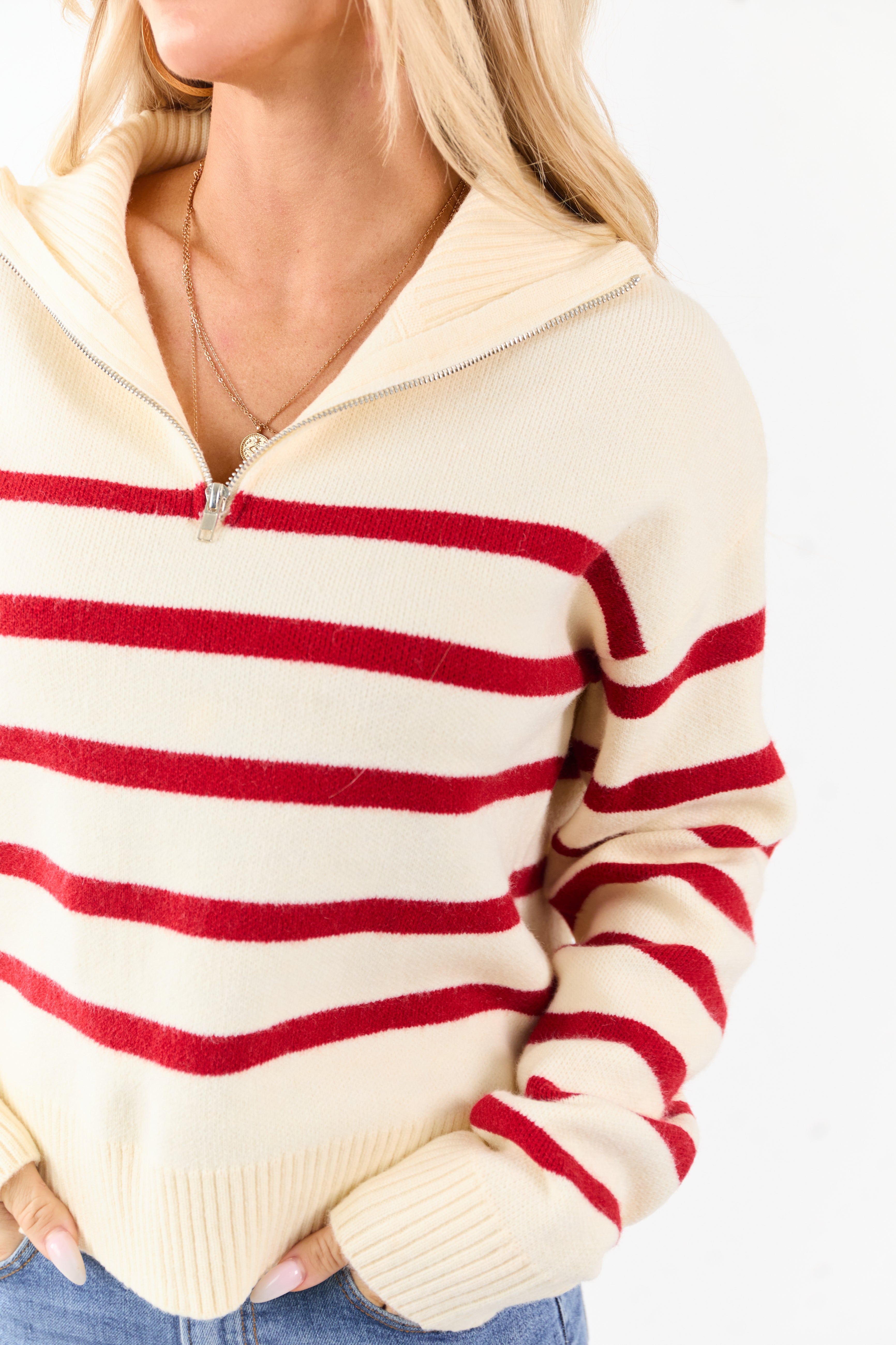 Cream and Cherry Striped Half Zip Up Knit Sweater