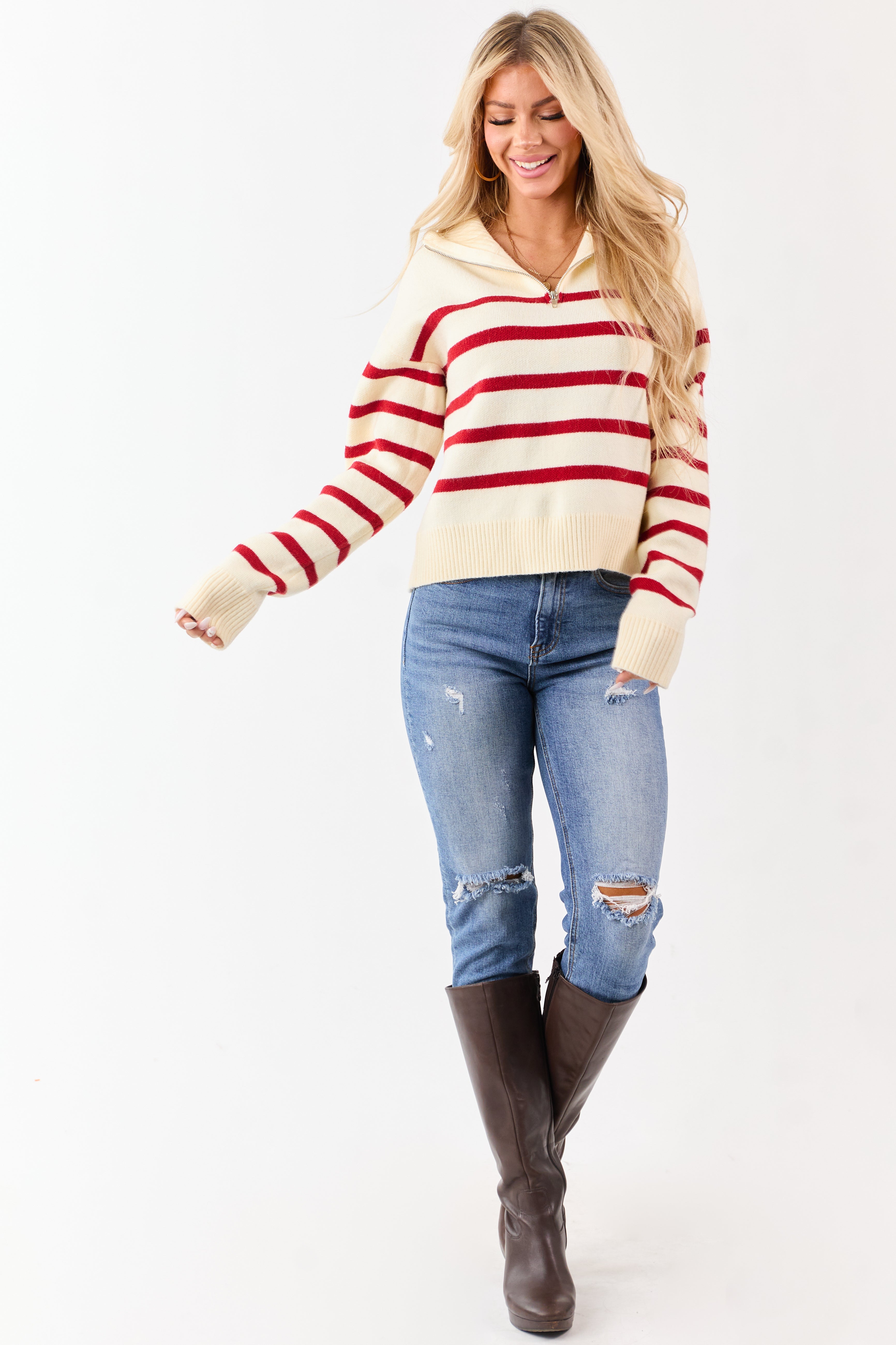Cream and Cherry Striped Half Zip Up Knit Sweater