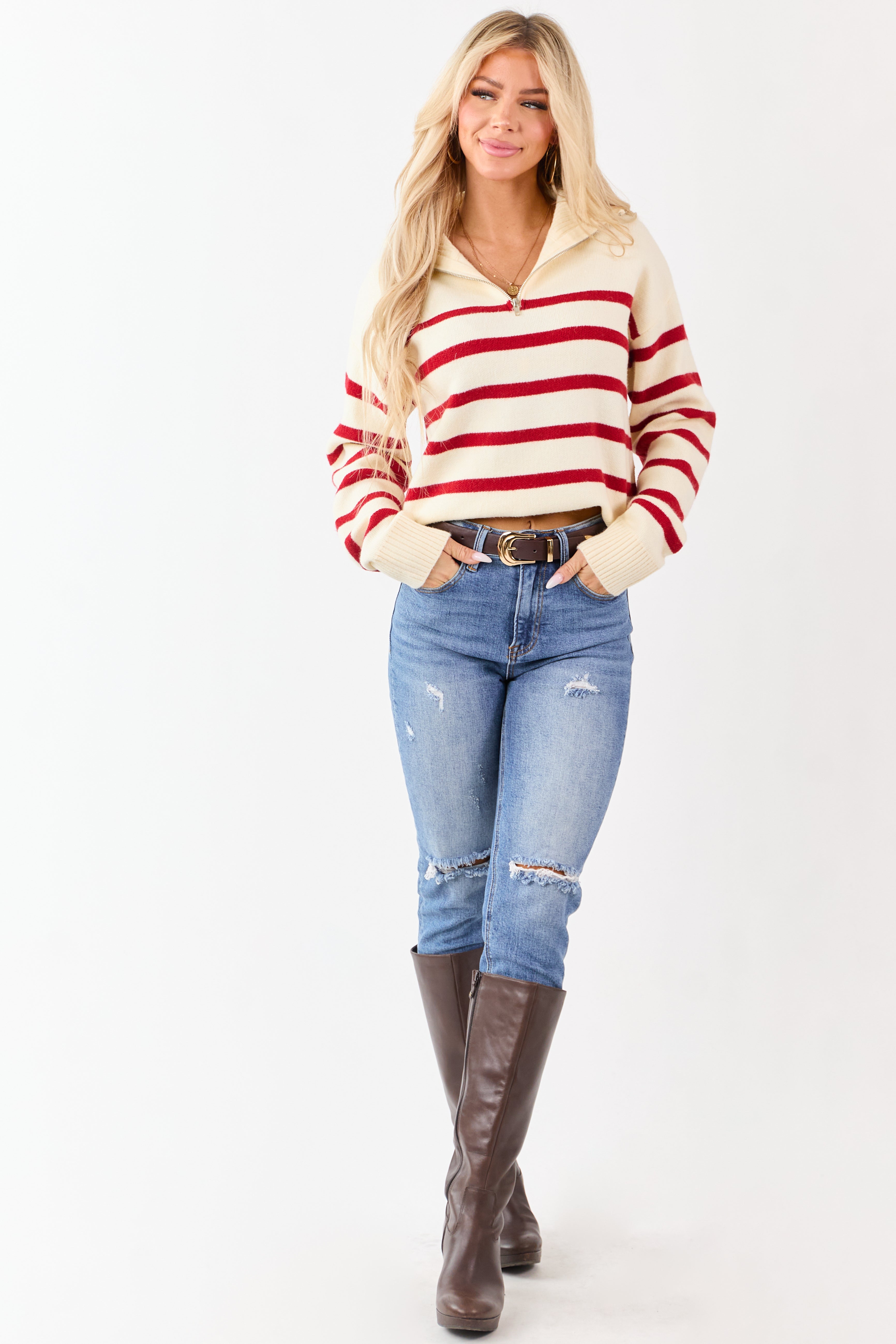 Cream and Cherry Striped Half Zip Up Knit Sweater