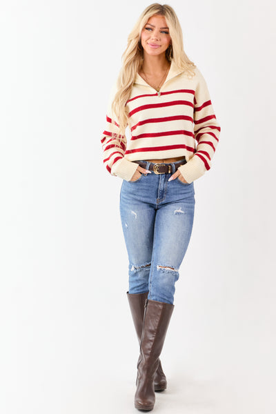Cream and Cherry Striped Half Zip Up Knit Sweater