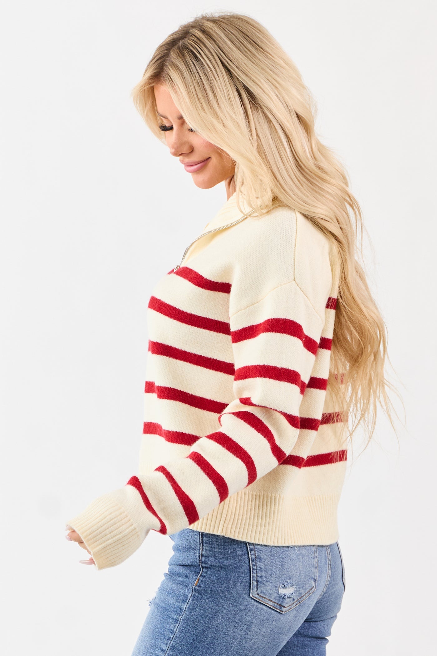 Cream and Cherry Striped Half Zip Up Knit Sweater