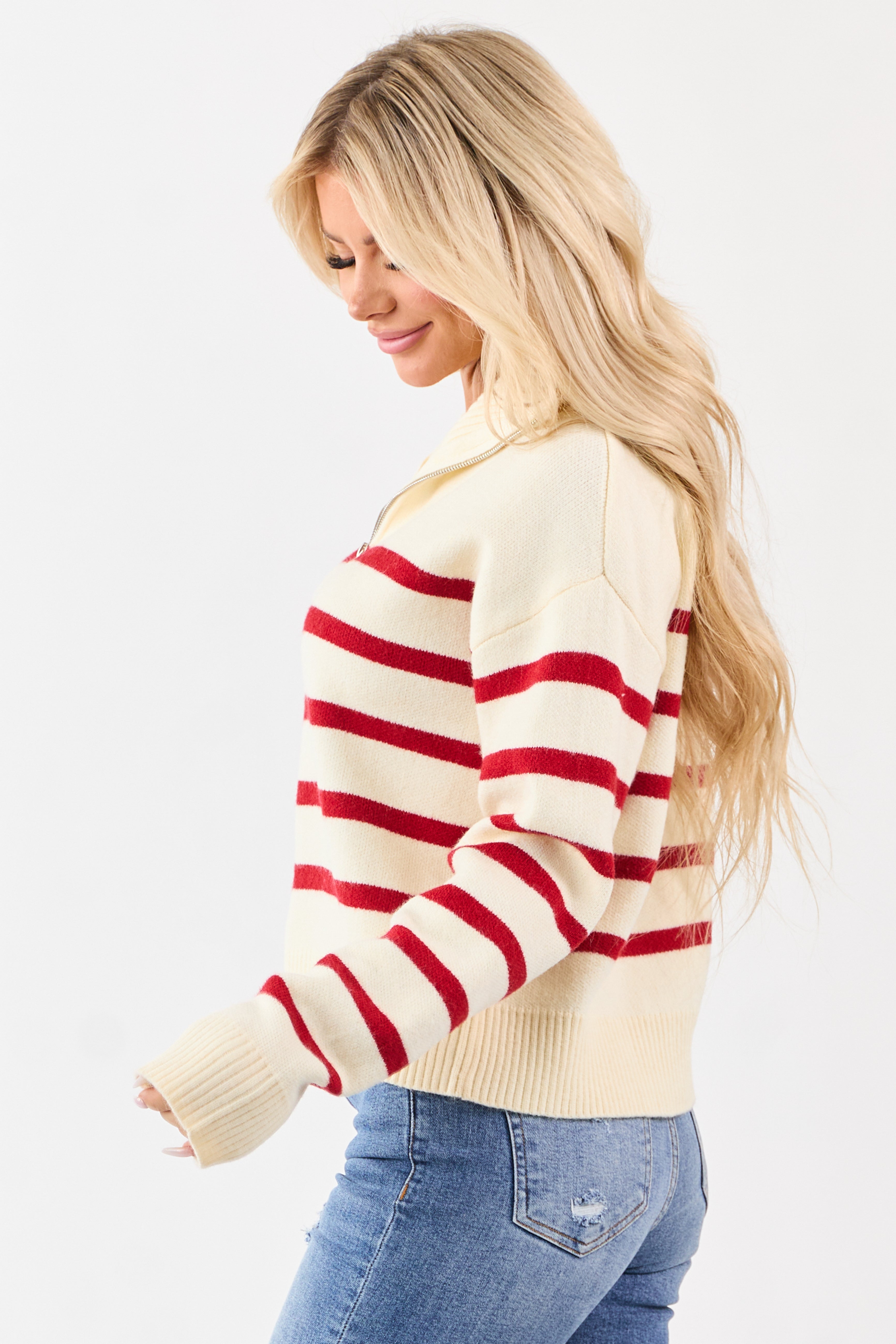 Cream and Cherry Striped Half Zip Up Knit Sweater