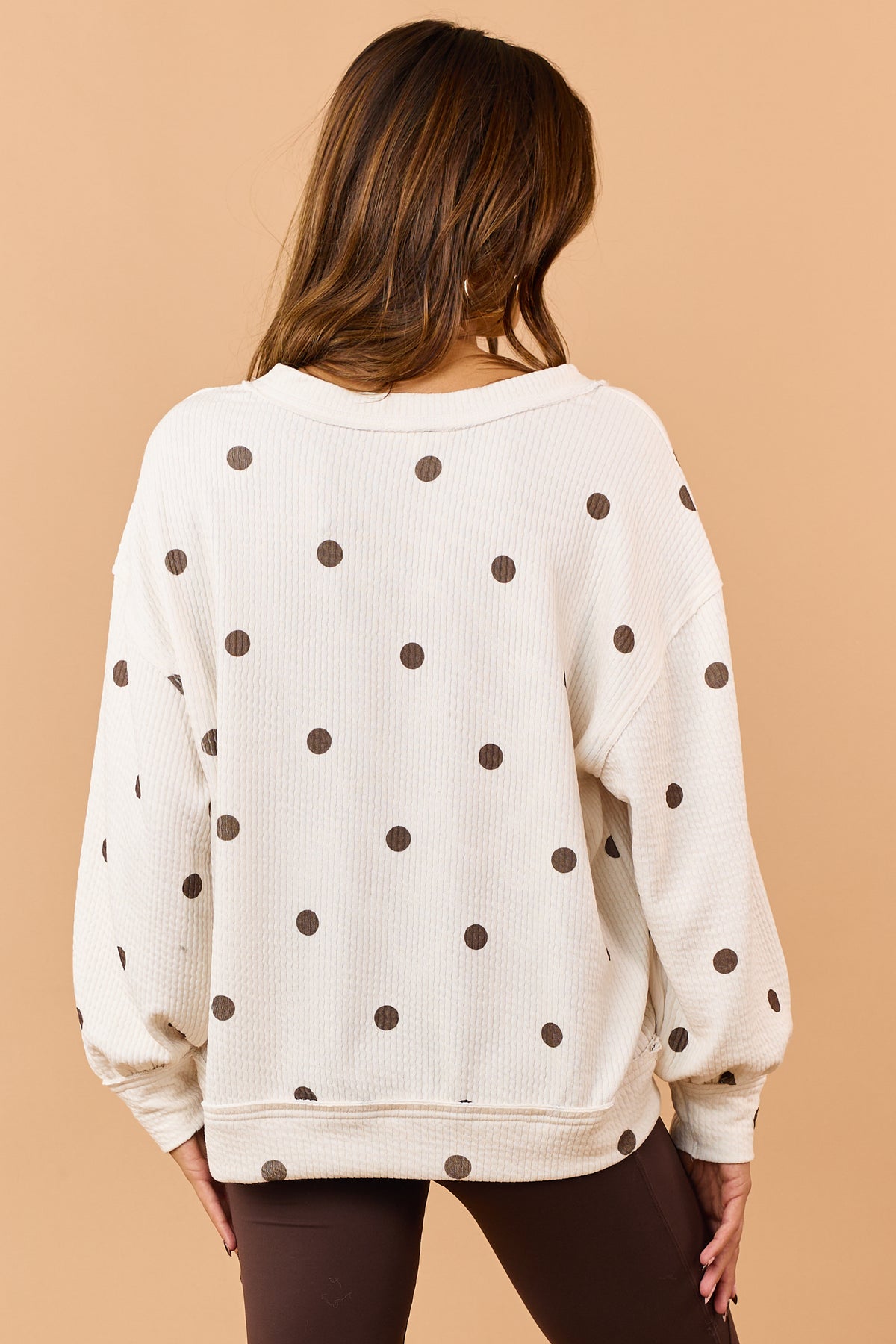 Cream and Chocolate Polka Dot Textured Knit Top