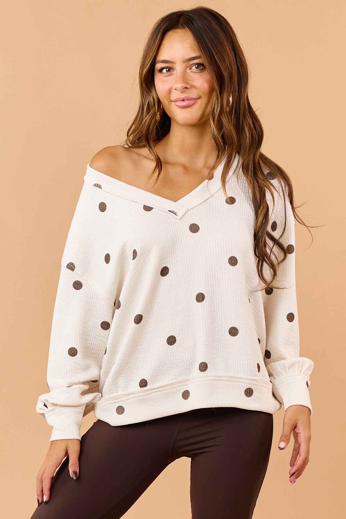 Cream and Chocolate Polka Dot Textured Knit Top