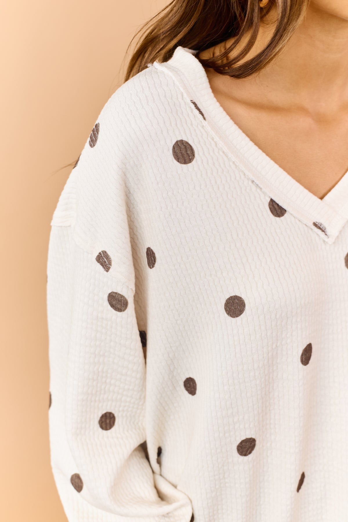 Cream and Chocolate Polka Dot Textured Knit Top
