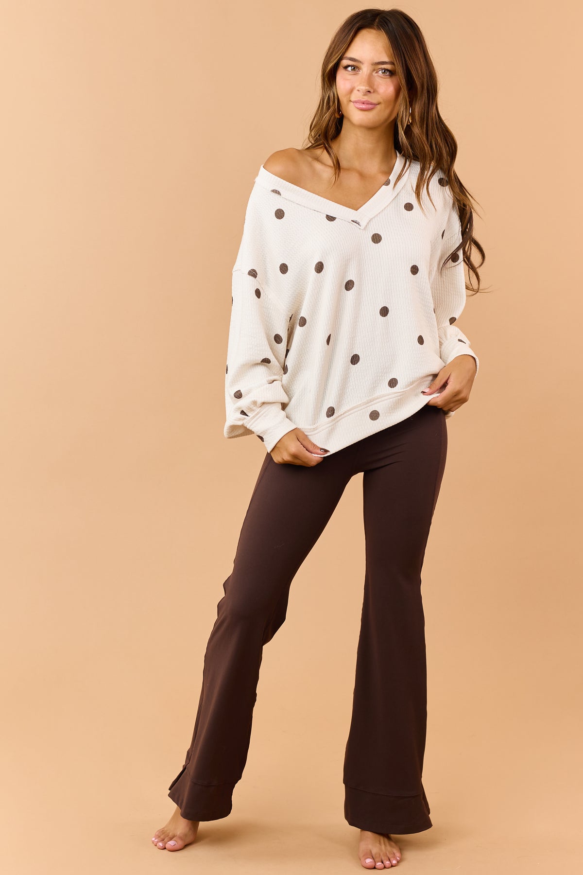 Cream and Chocolate Polka Dot Textured Knit Top