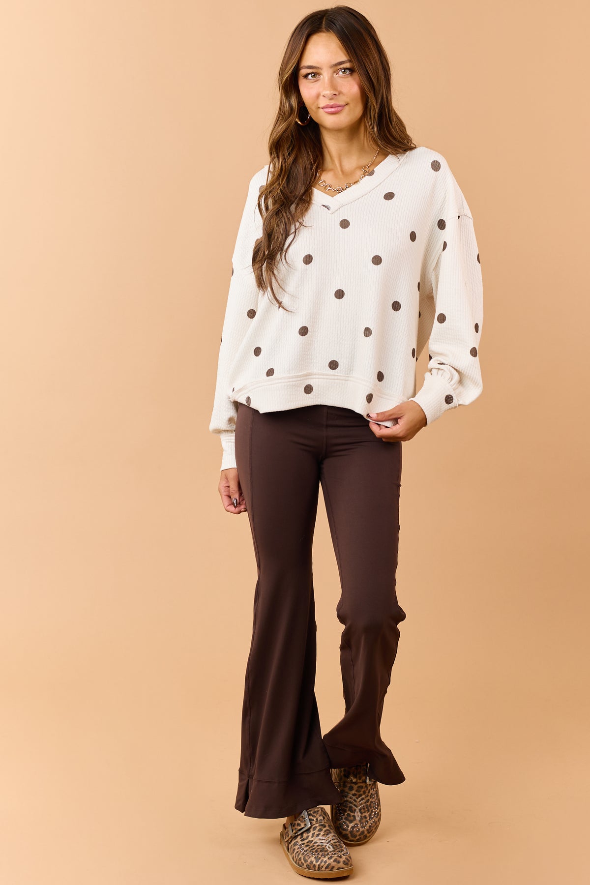 Cream and Chocolate Polka Dot Textured Knit Top