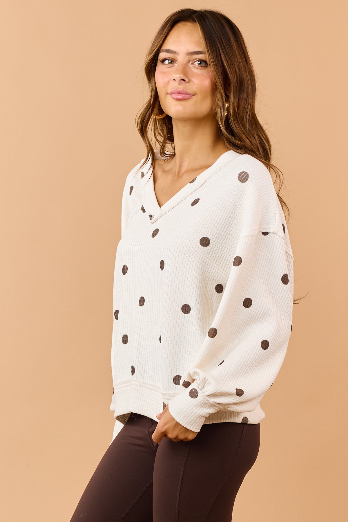 Cream and Chocolate Polka Dot Textured Knit Top