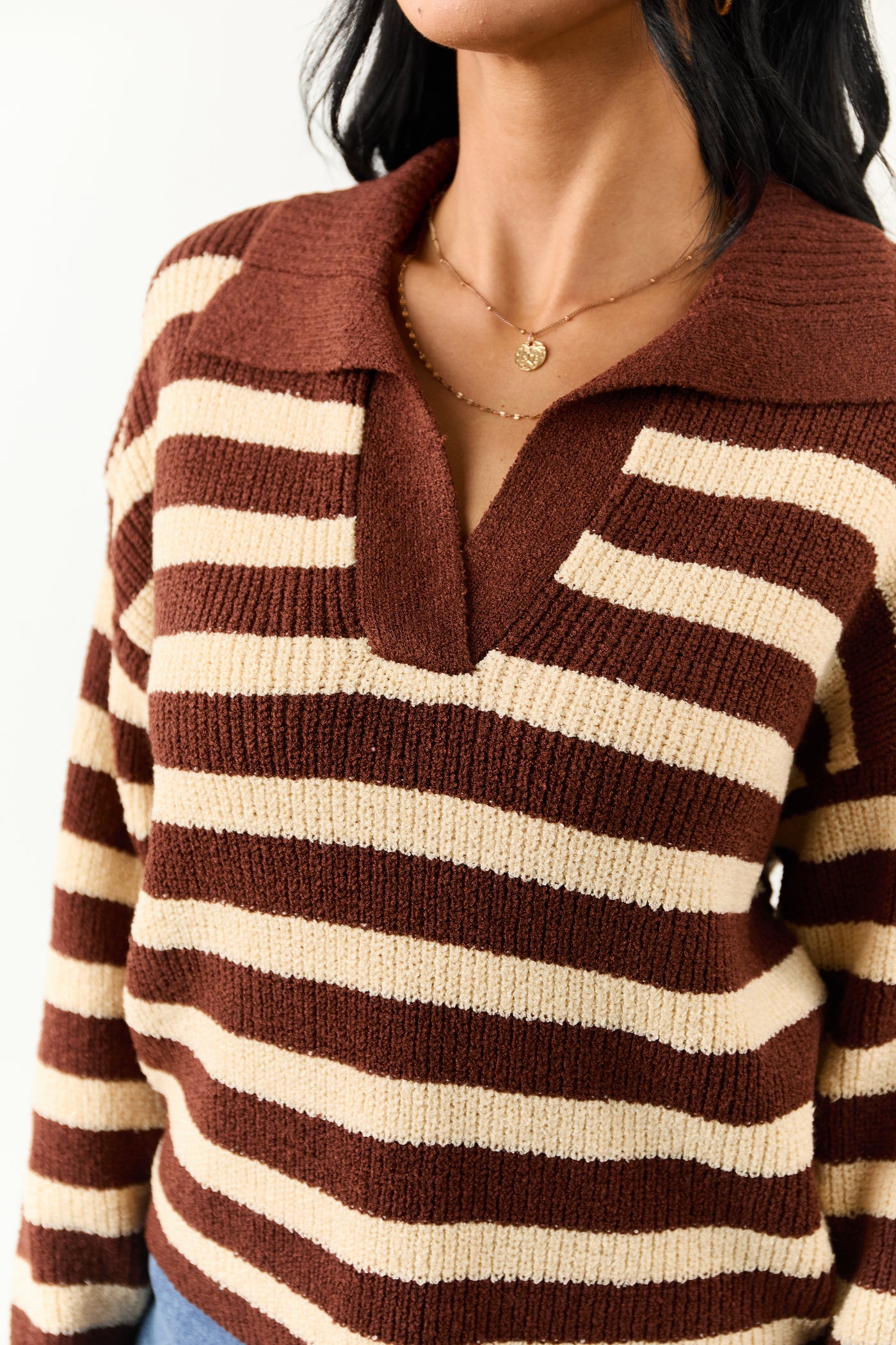 Cream and Cocoa Striped Collared Sweater