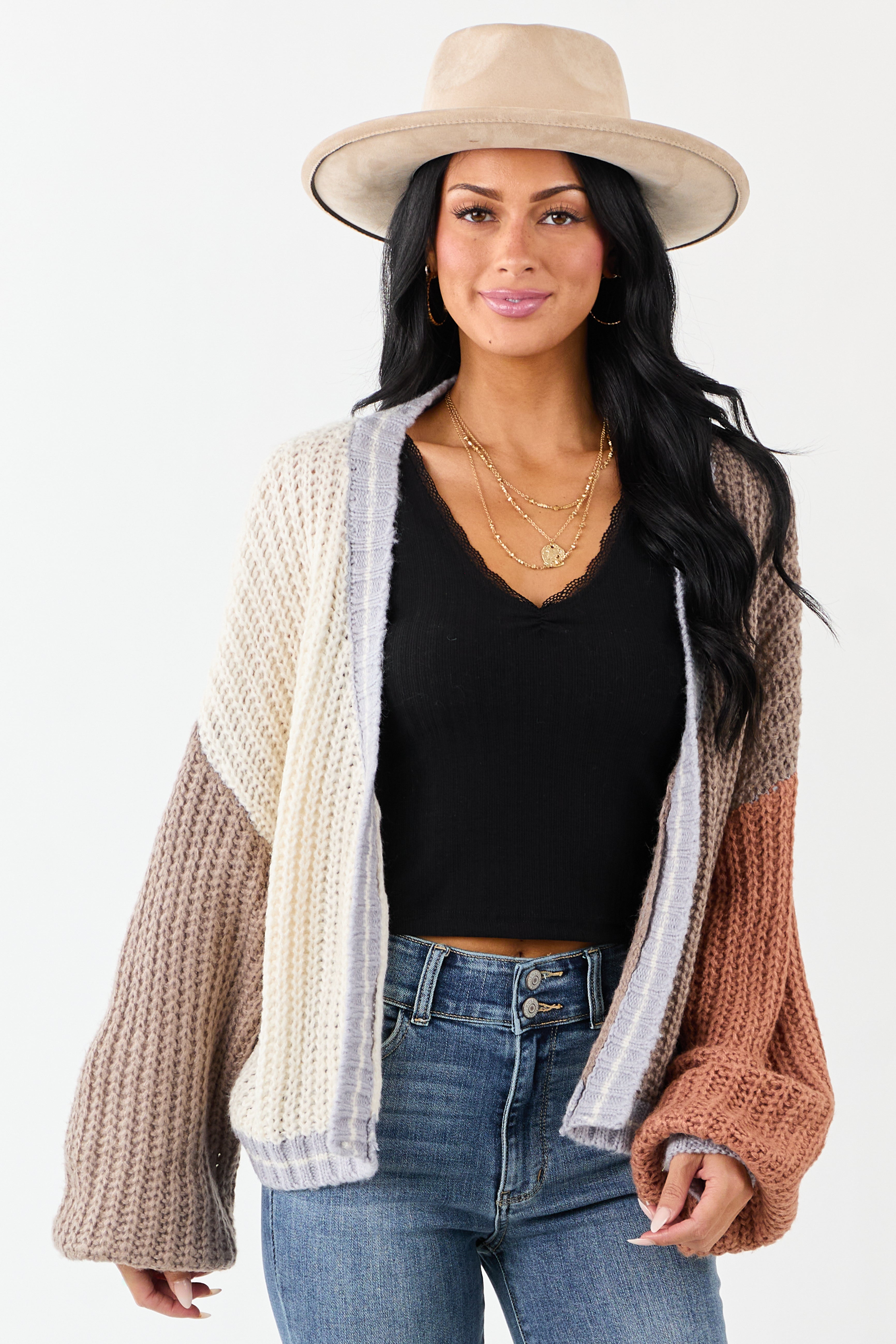 Cream and Coffee Colorblock Puff Sleeve Cardigan