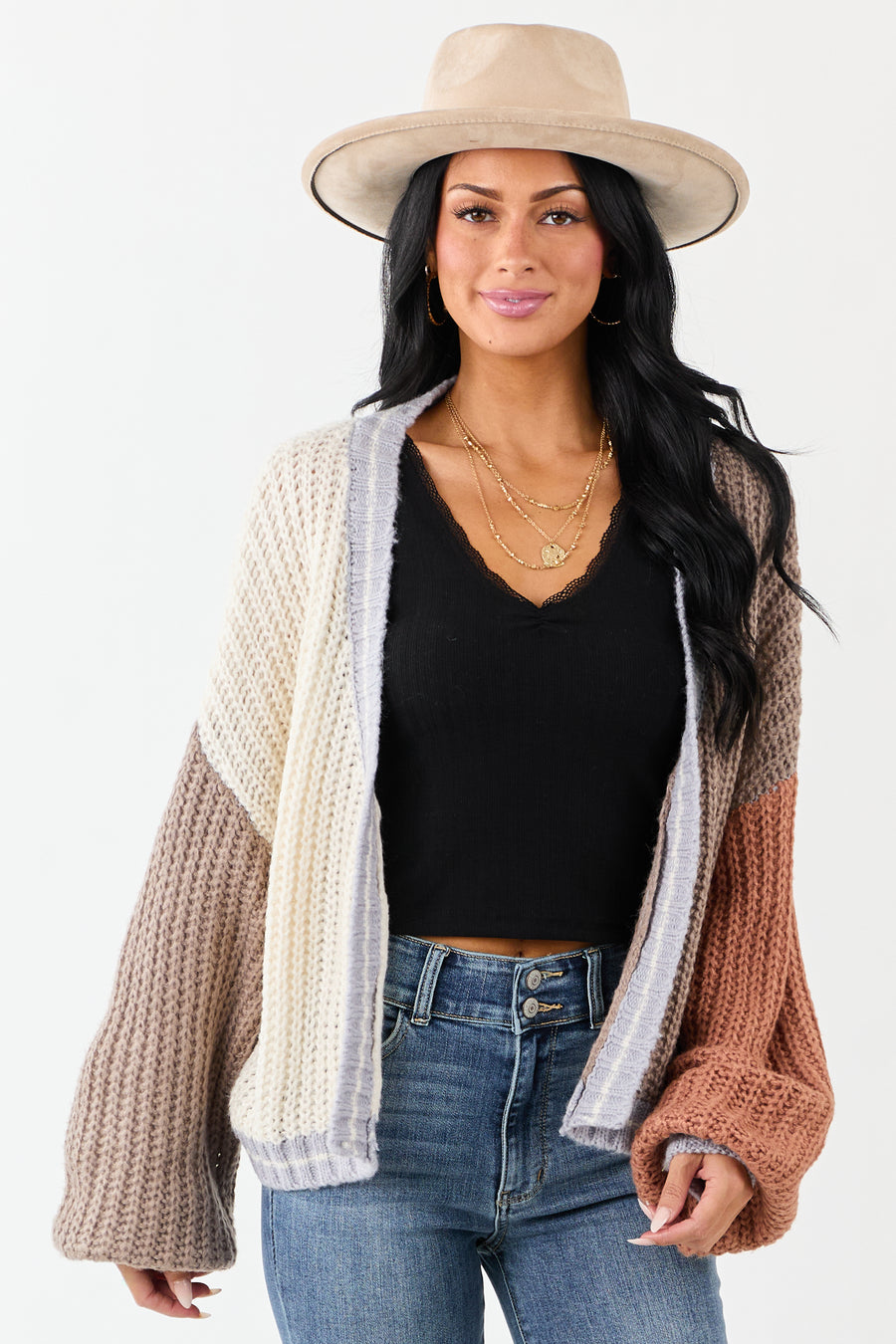 Cream and Coffee Colorblock Puff Sleeve Cardigan