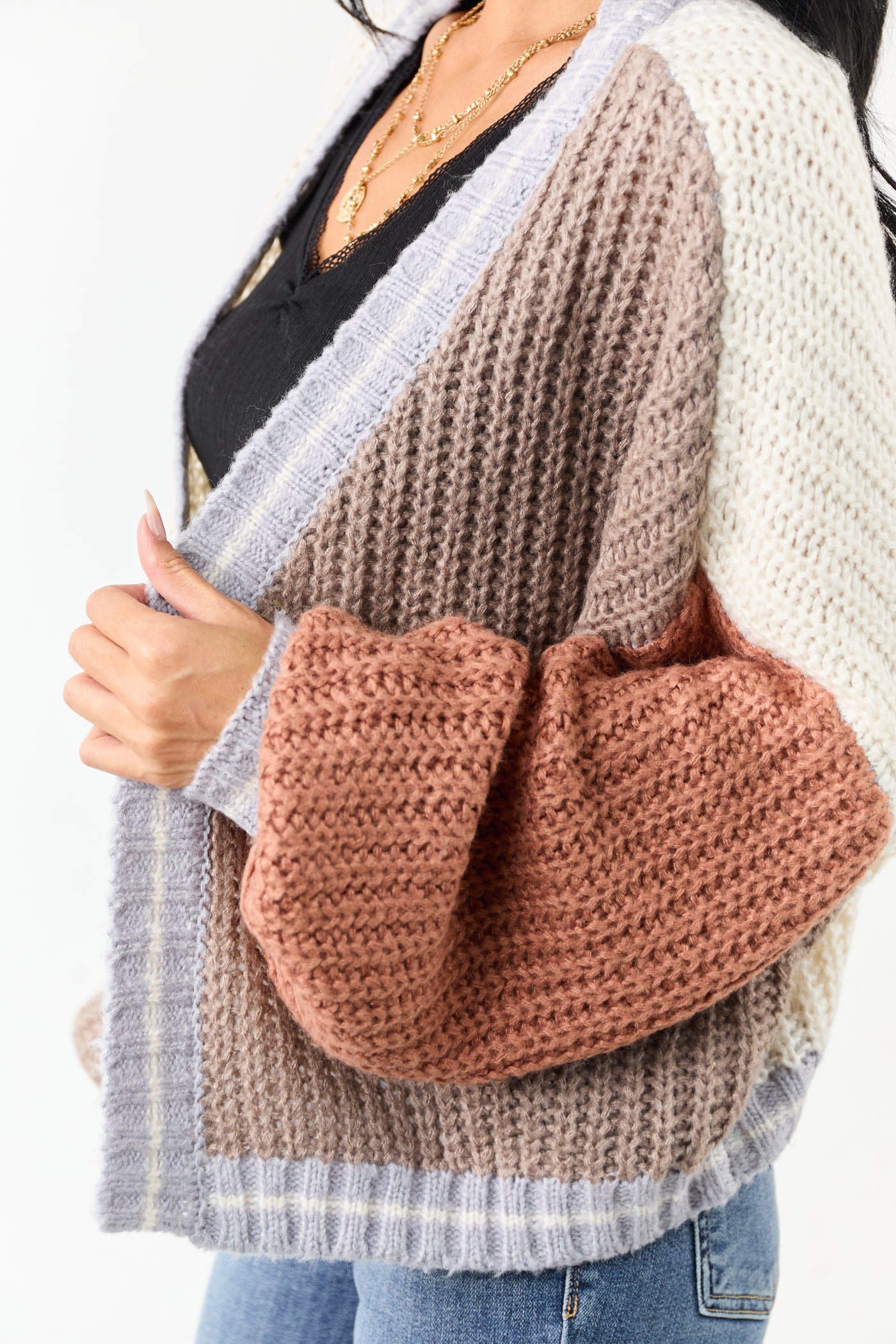 Cream and Coffee Colorblock Puff Sleeve Cardigan