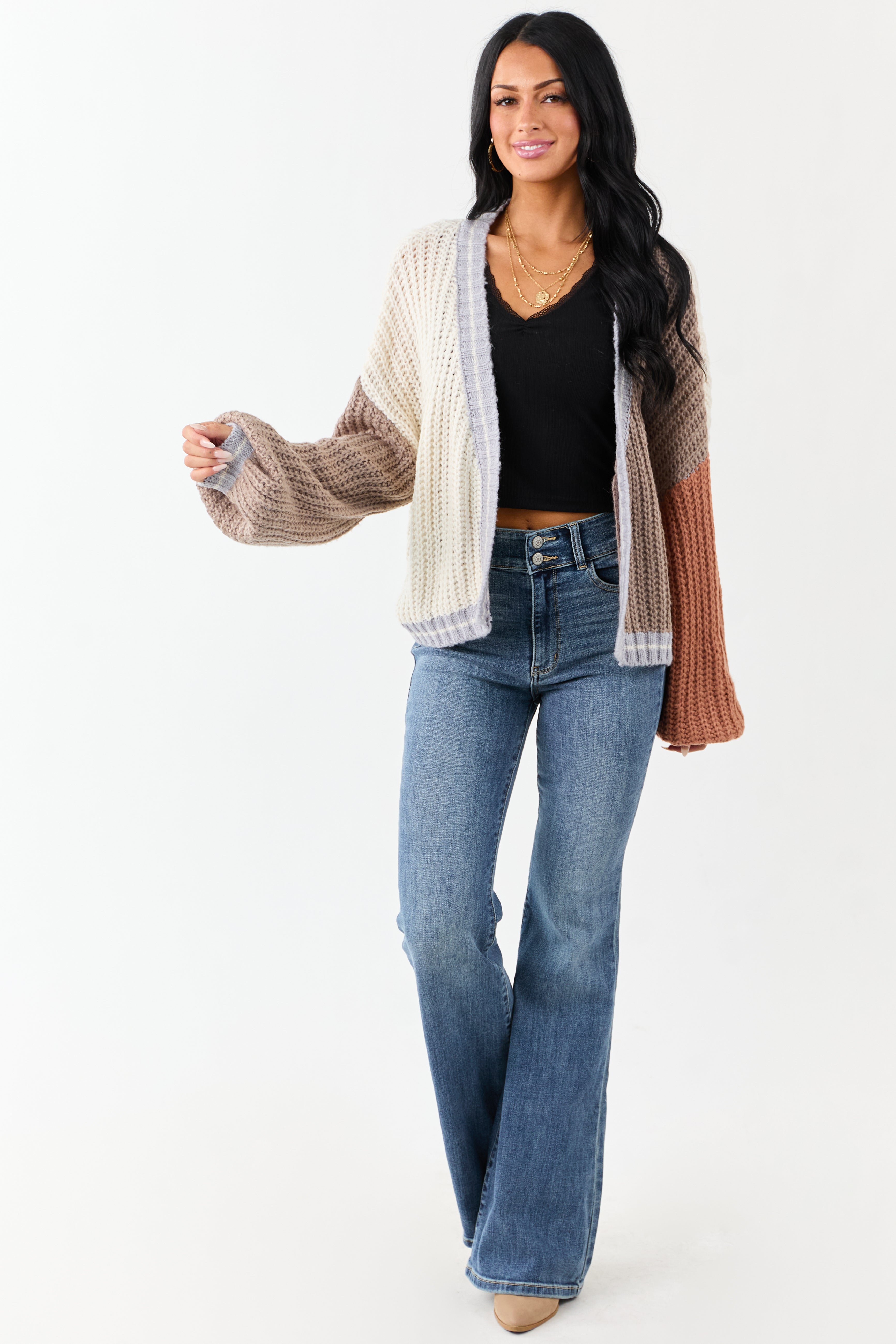 Cream and Coffee Colorblock Puff Sleeve Cardigan
