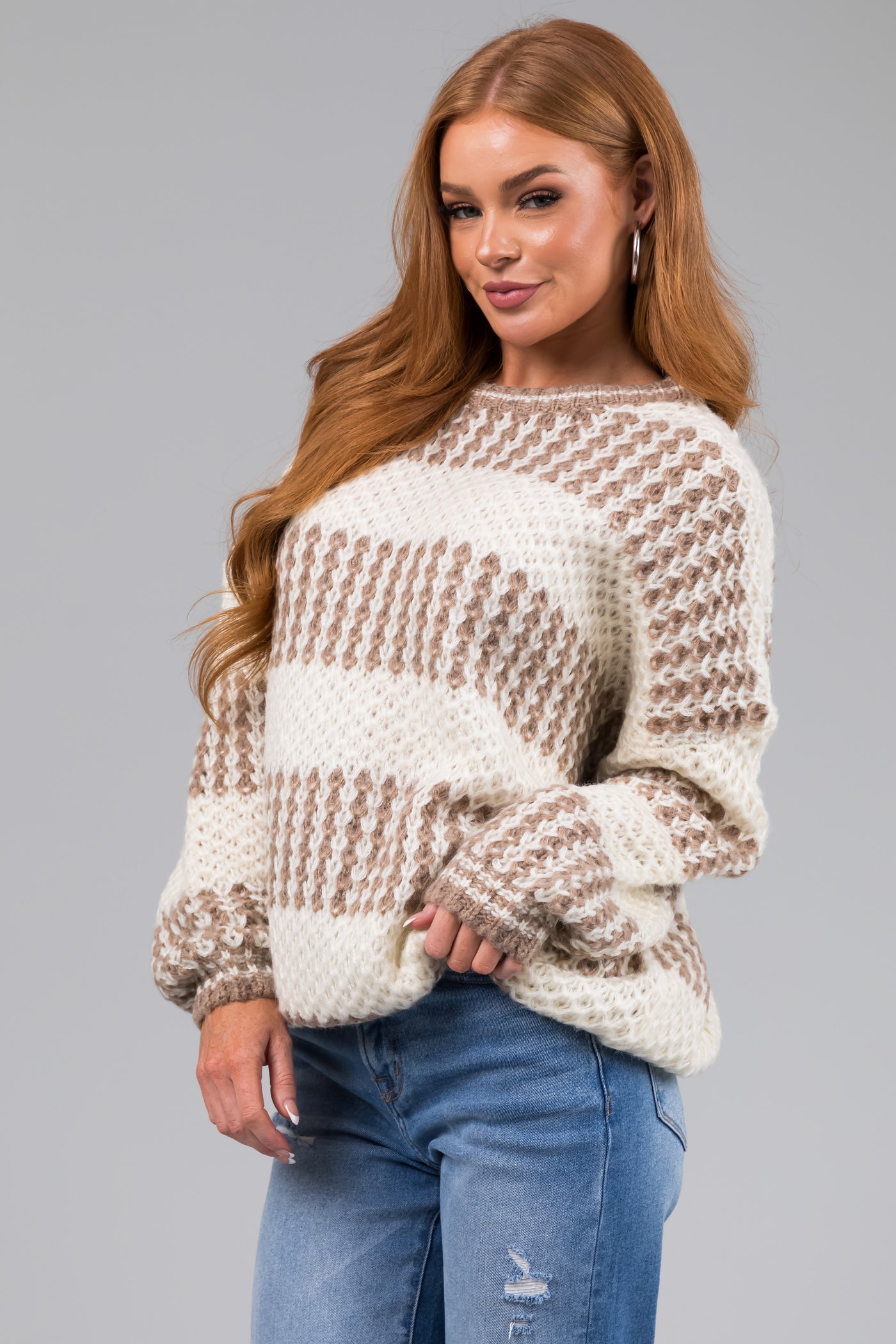 Cream and Coffee Striped Loose Knit Sweater