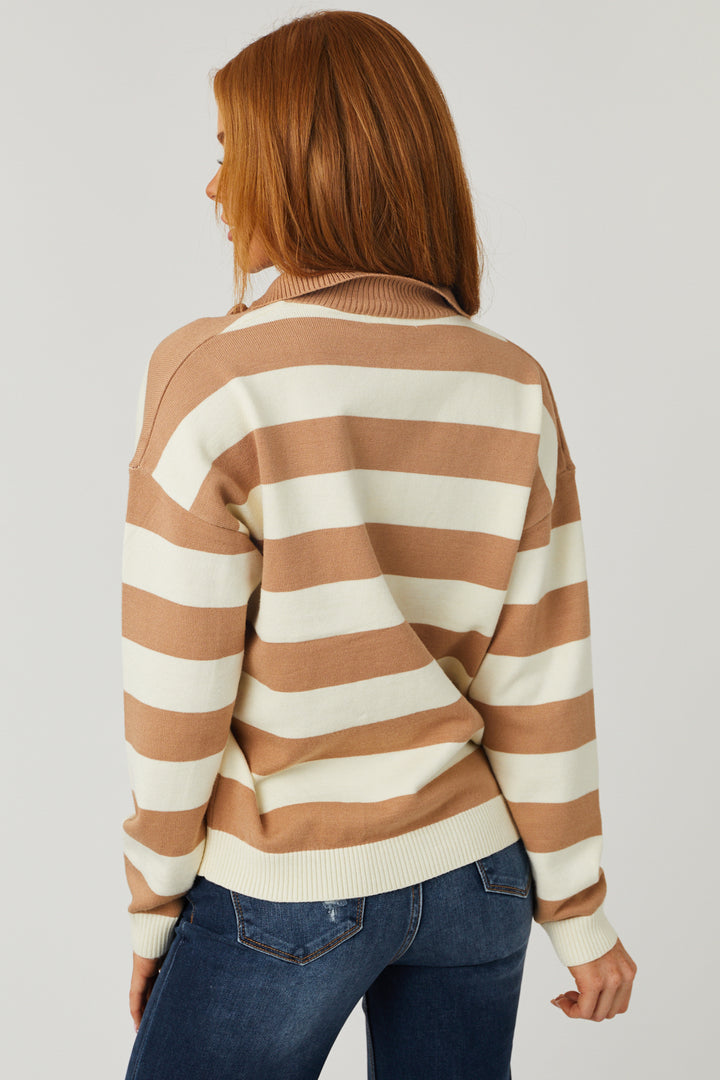 Cream and Copper Striped Half Zip Up Sweater