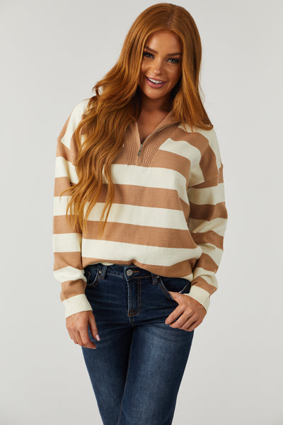 Cream and Copper Striped Half Zip Up Sweater