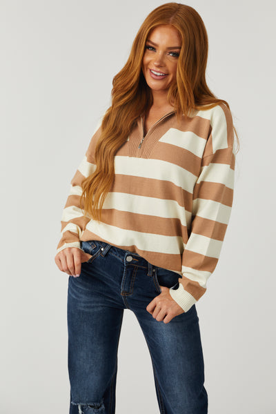 Cream and Copper Striped Half Zip Up Sweater