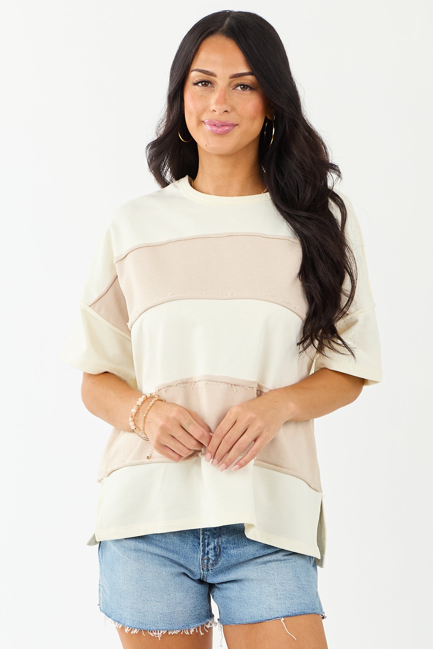 Cream and Latte Colorblock Relaxed Knit Tee